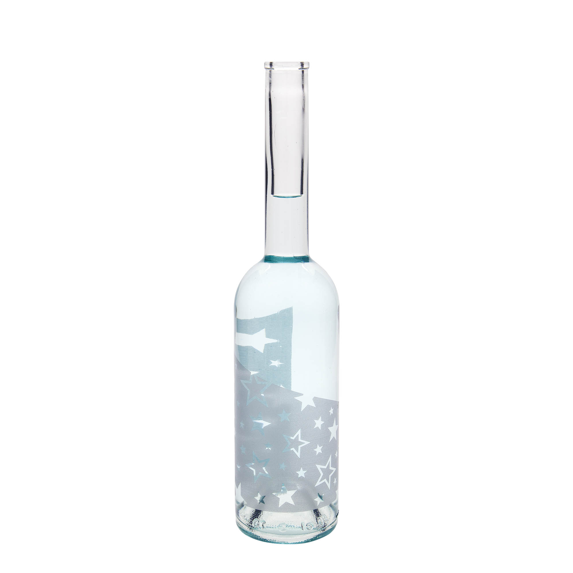 500 ml skleněná láhev 'Opera', motiv: stříbrné hvězdy, hrdlo: korek