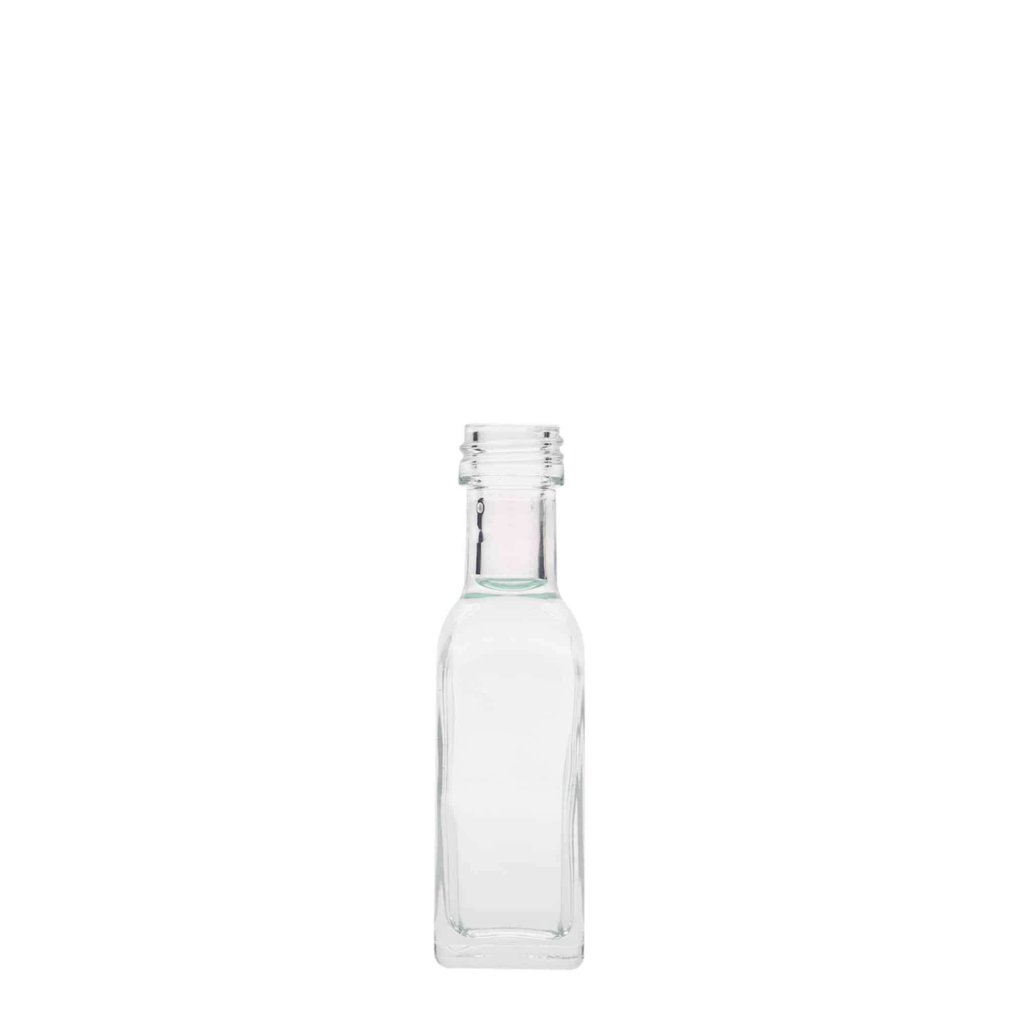 20 ml skleněná lahvička „Marasca“, čtvercová, hrdlo: PP 18