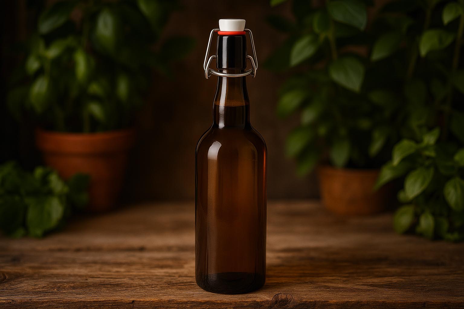 1.000 ml pivní láhev Belgie, sklo, antiknězelená, hrdlo: uzávěr s pákou