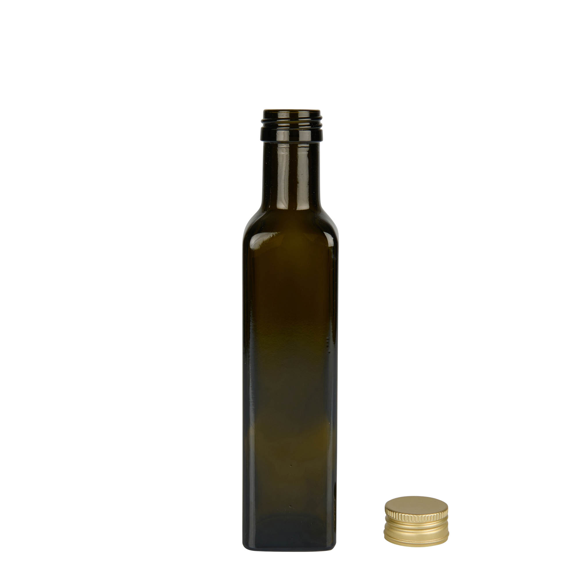 250 ml skleněná láhev „Marasca“, čtvercová, antik zelená, hrdlo: PP 31,5
