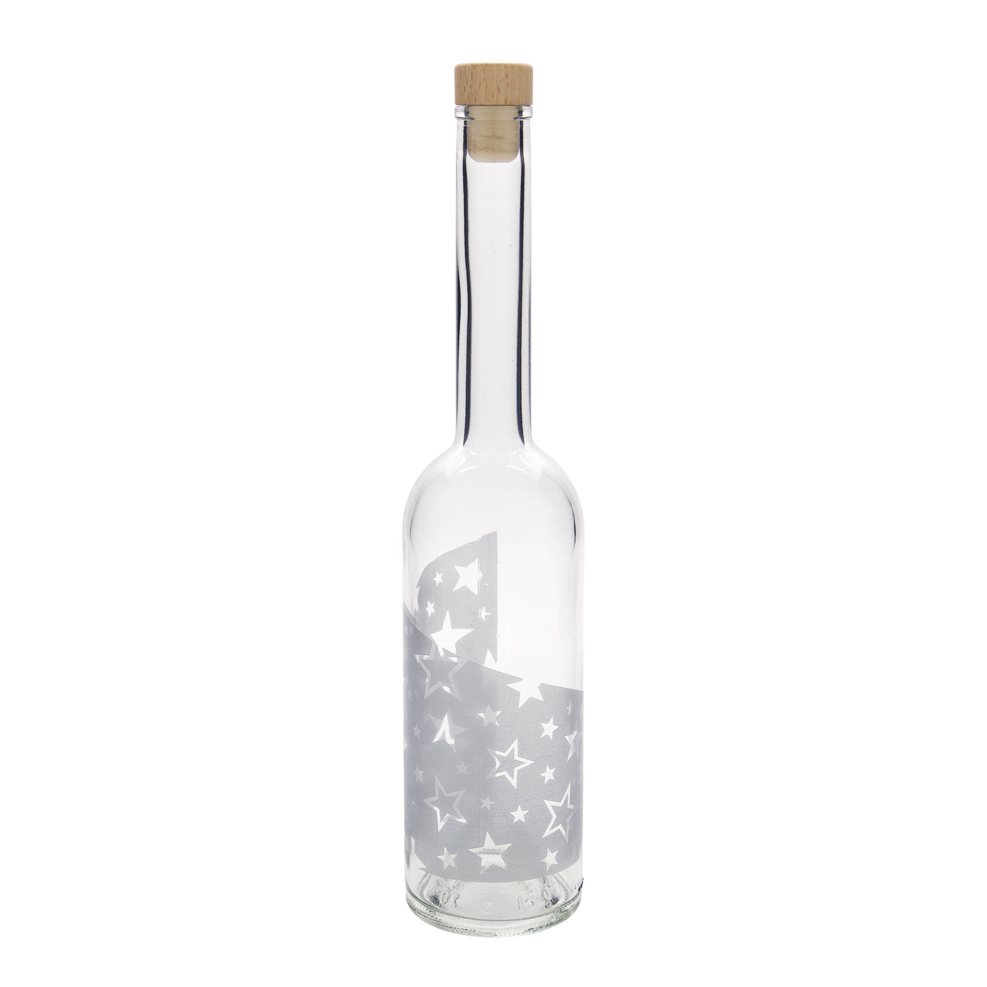 500 ml skleněná láhev 'Opera', motiv: stříbrné hvězdy, hrdlo: korek