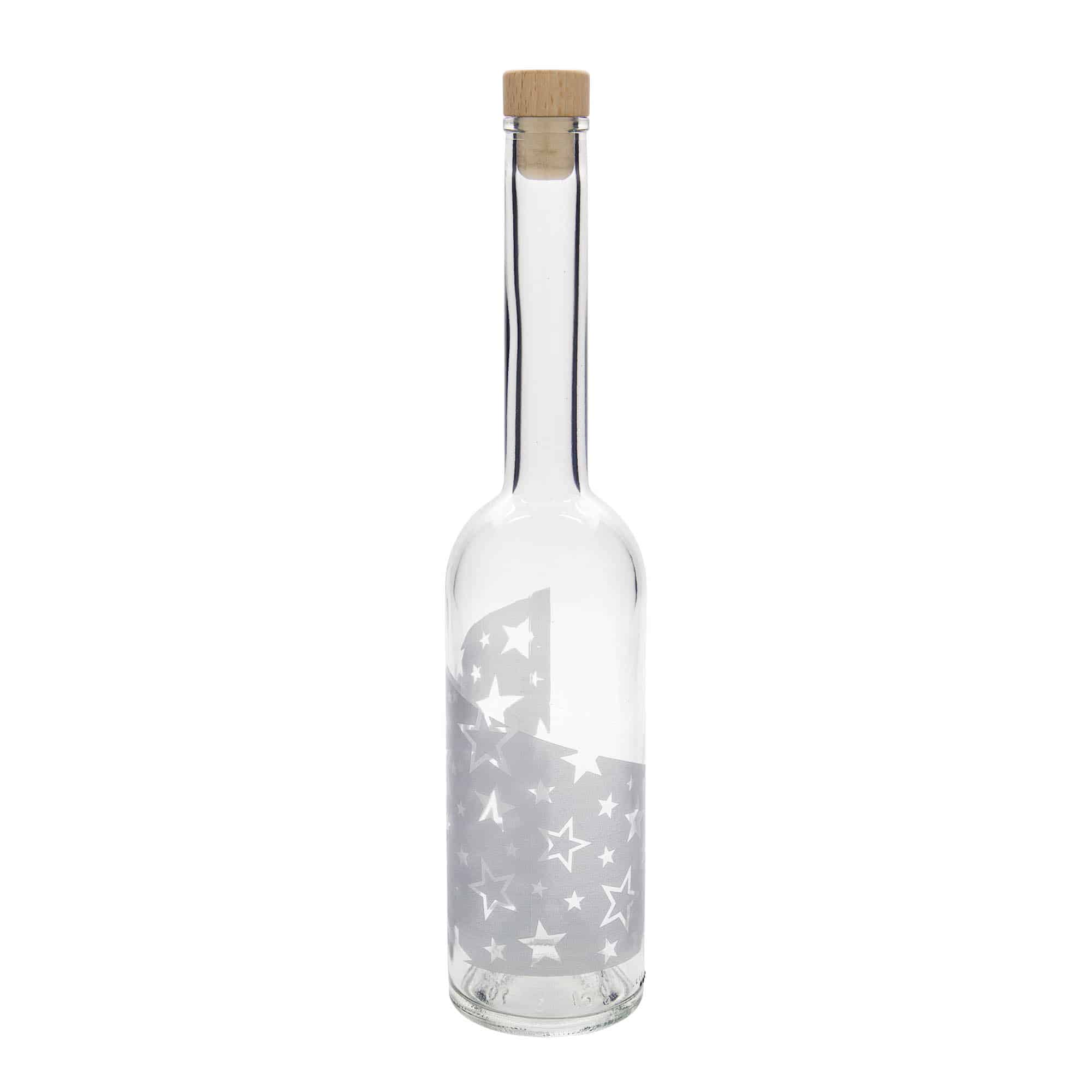 500 ml skleněná láhev 'Opera', motiv: stříbrné hvězdy, hrdlo: korek