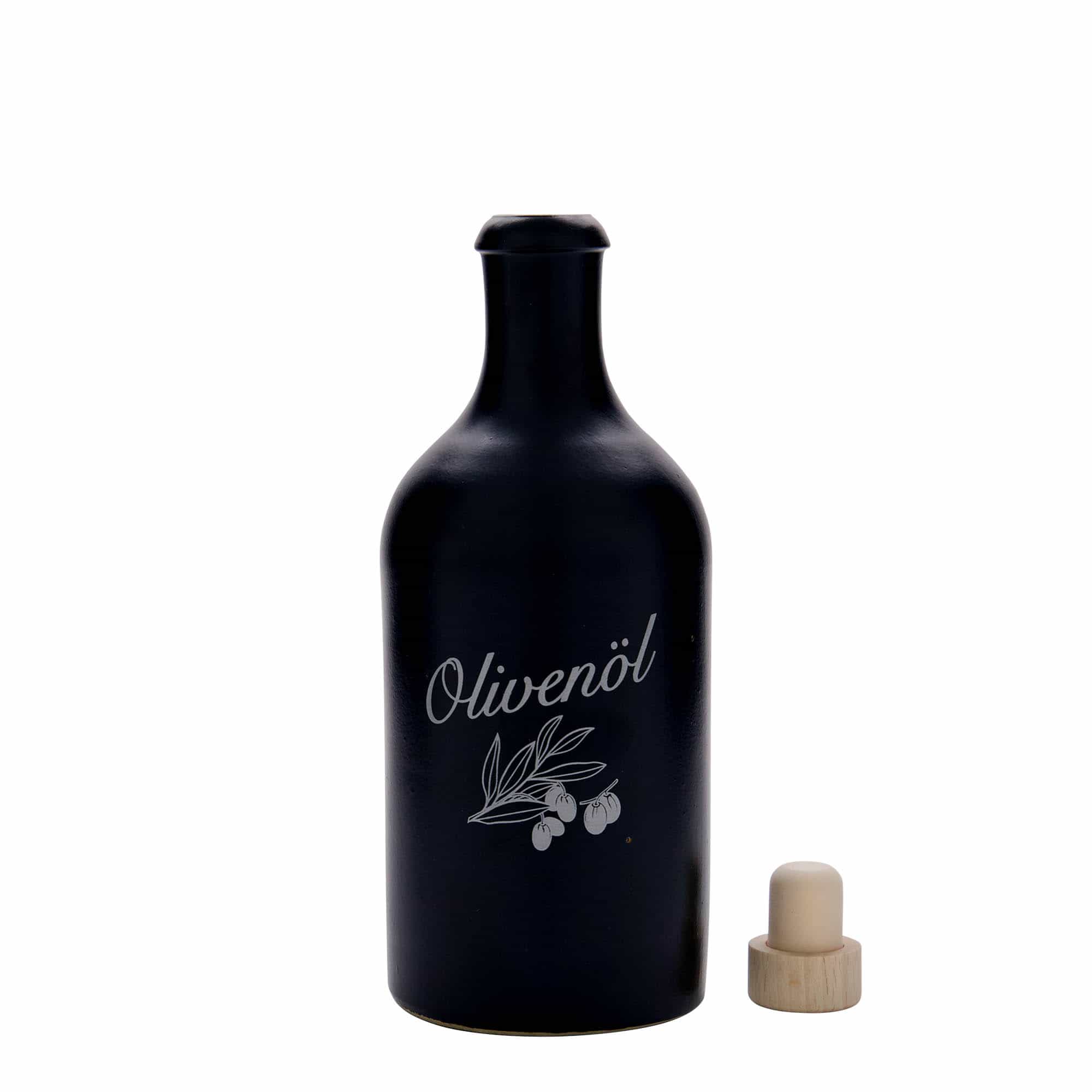 Hliněný džbán 500 ml, motiv: Olivový olej, keramika, černý, uzávěr: korek