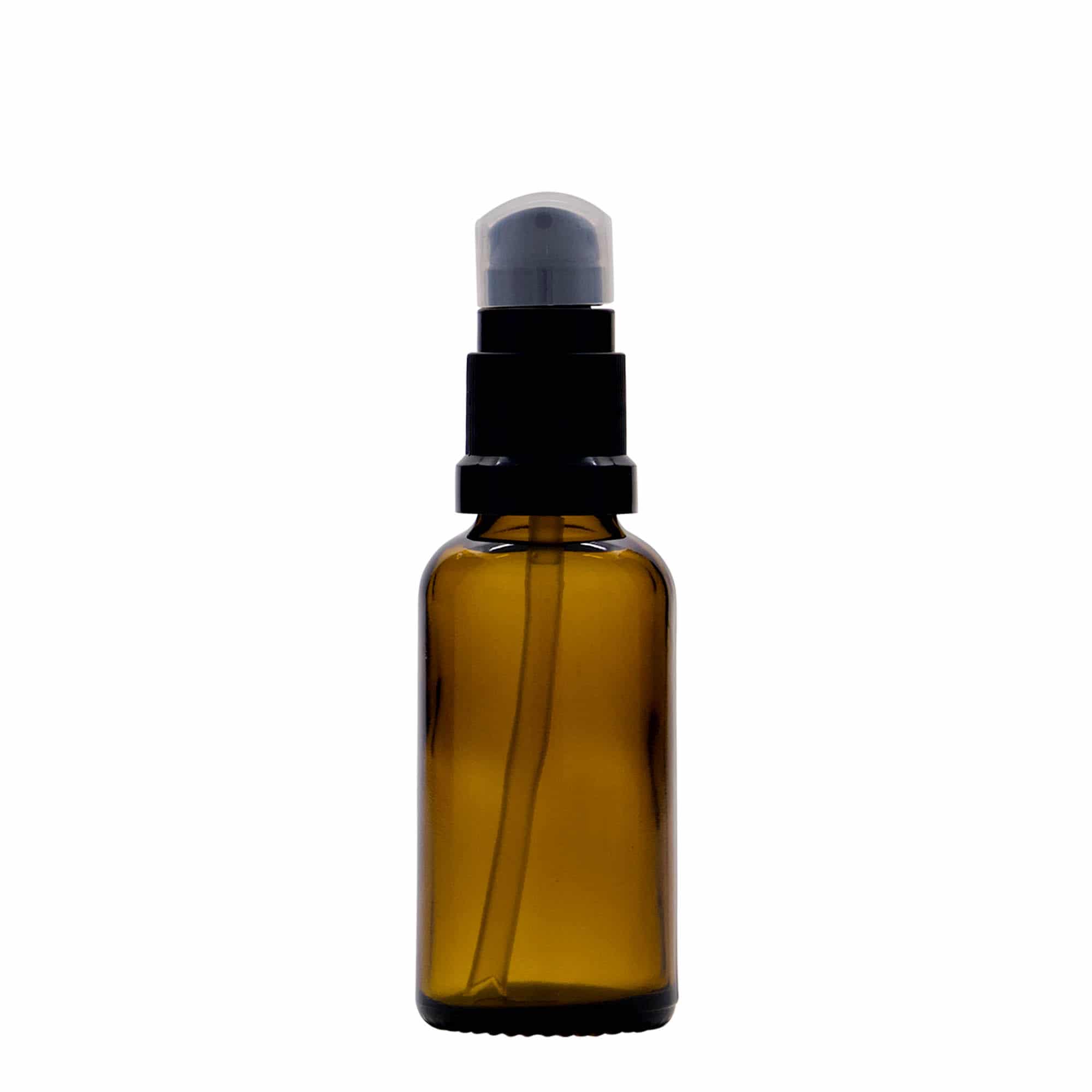 Lékovka s pumpičkou 30 ml, sklo, hnědá, ústí: DIN 18 Lékovka s pumpičkou 30 ml, sklo, hnědá, ústí: DIN 18