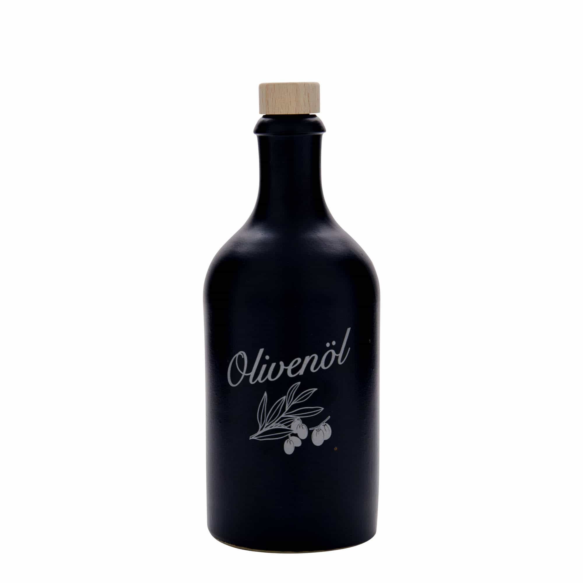 Hliněný džbán 500 ml, motiv: Olivový olej, keramika, černý, uzávěr: korek