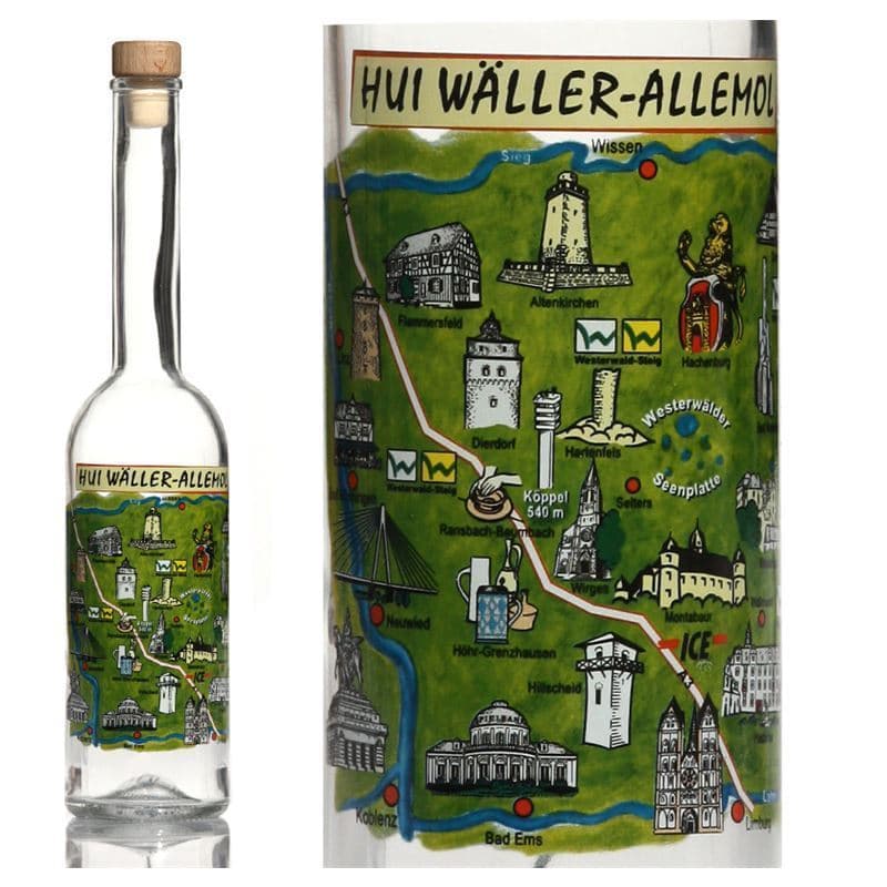 Skleněná lahev 500 ml 'Opera', motiv: Westerwald, uzávěr: korek Skleněná lahev 500 ml 'Opera', motiv: Westerwald, uzávěr: korek