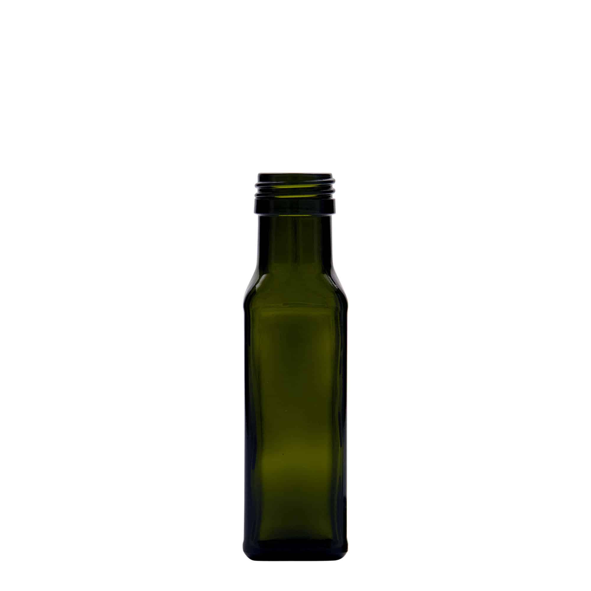 Skleněná lahev 100 ml 'Marasca', čtvercová, starožitná zelená, uzávěr: PP 31,5 Skleněná lahev 100 ml 'Marasca', čtvercová, starožitná zelená, uzávěr: PP 31,5