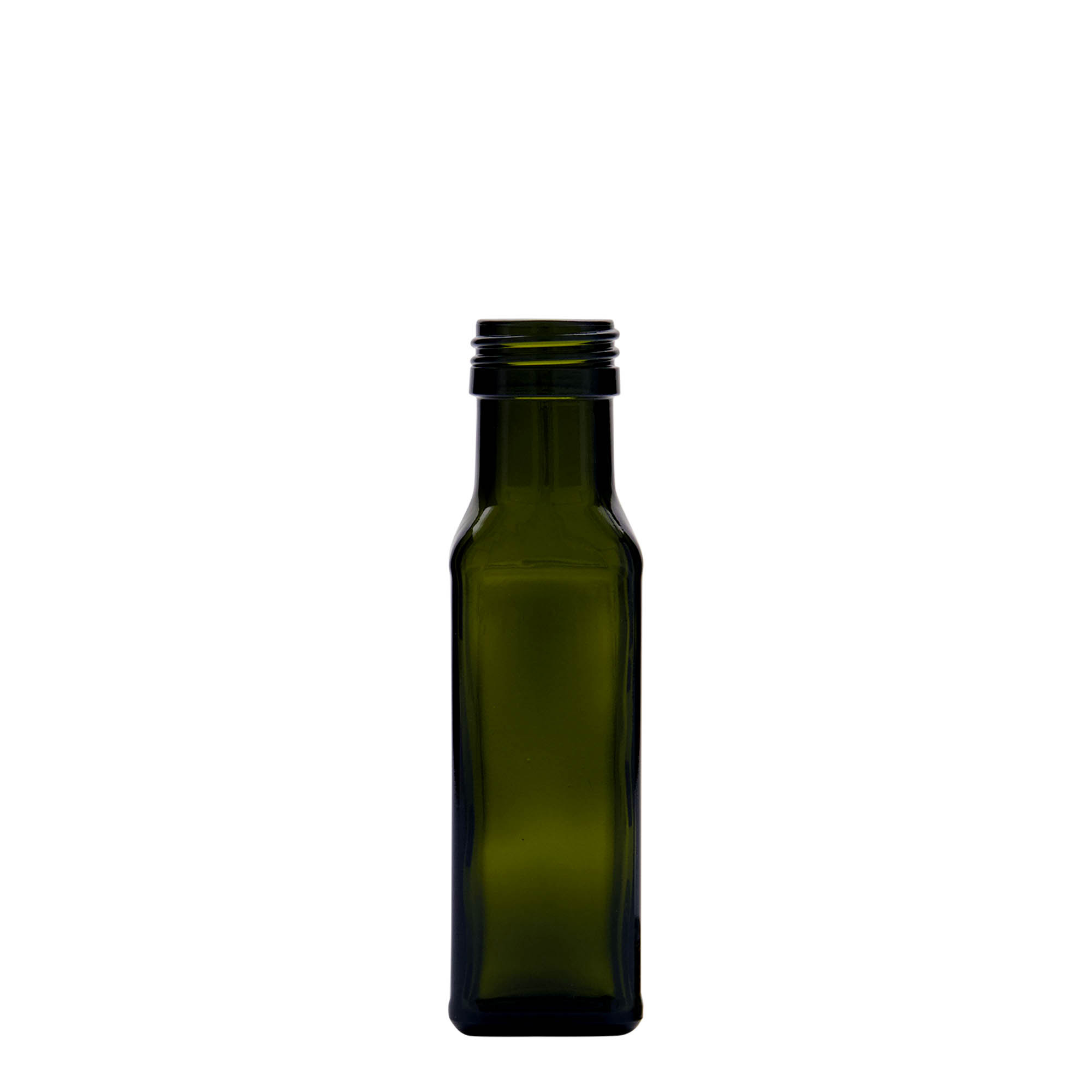 100 ml skleněná lahvička 'Marasca', čtvercová, antik zelená, hrdlo: PP 31,5