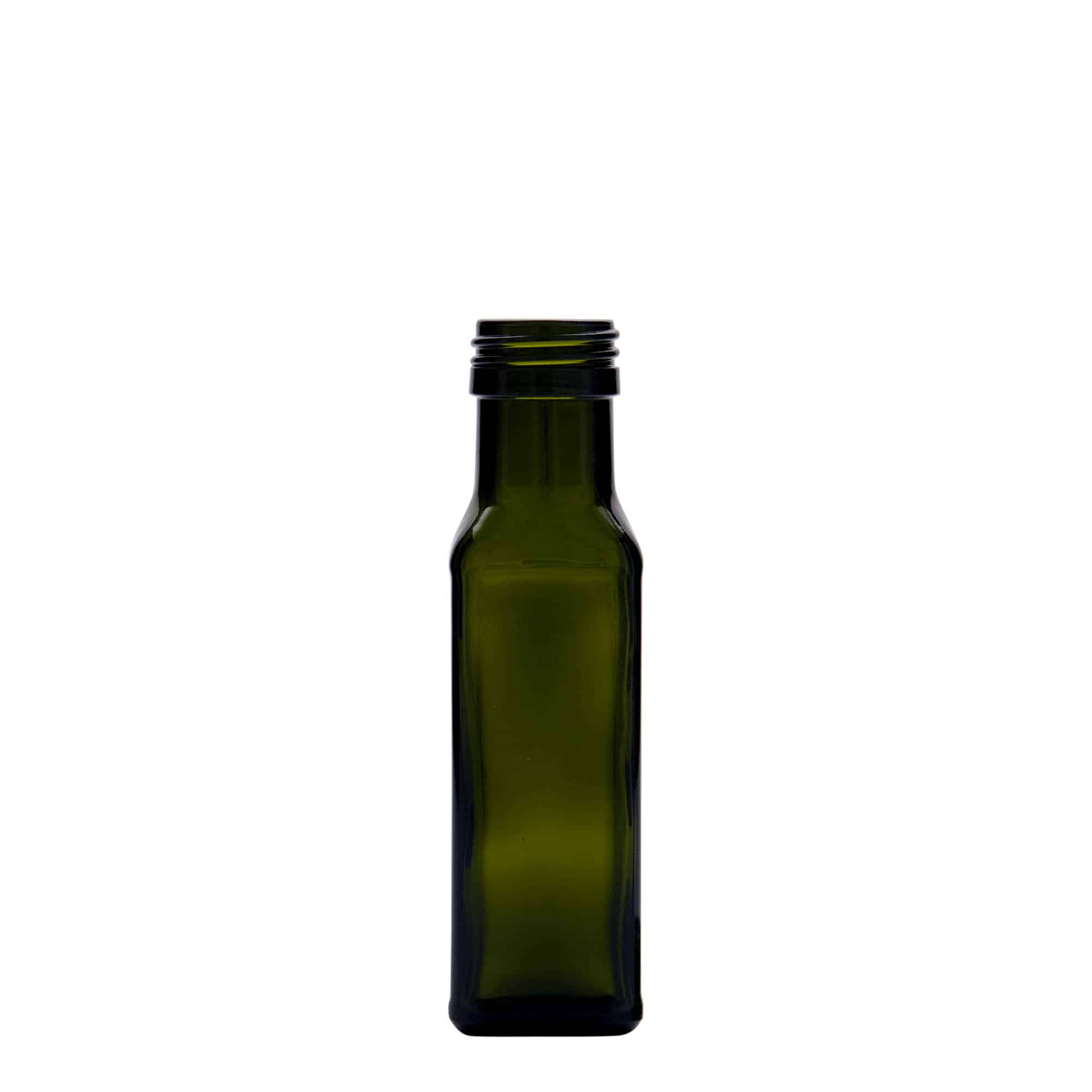 100 ml skleněná lahvička 'Marasca', čtvercová, antik zelená, hrdlo: PP 31,5