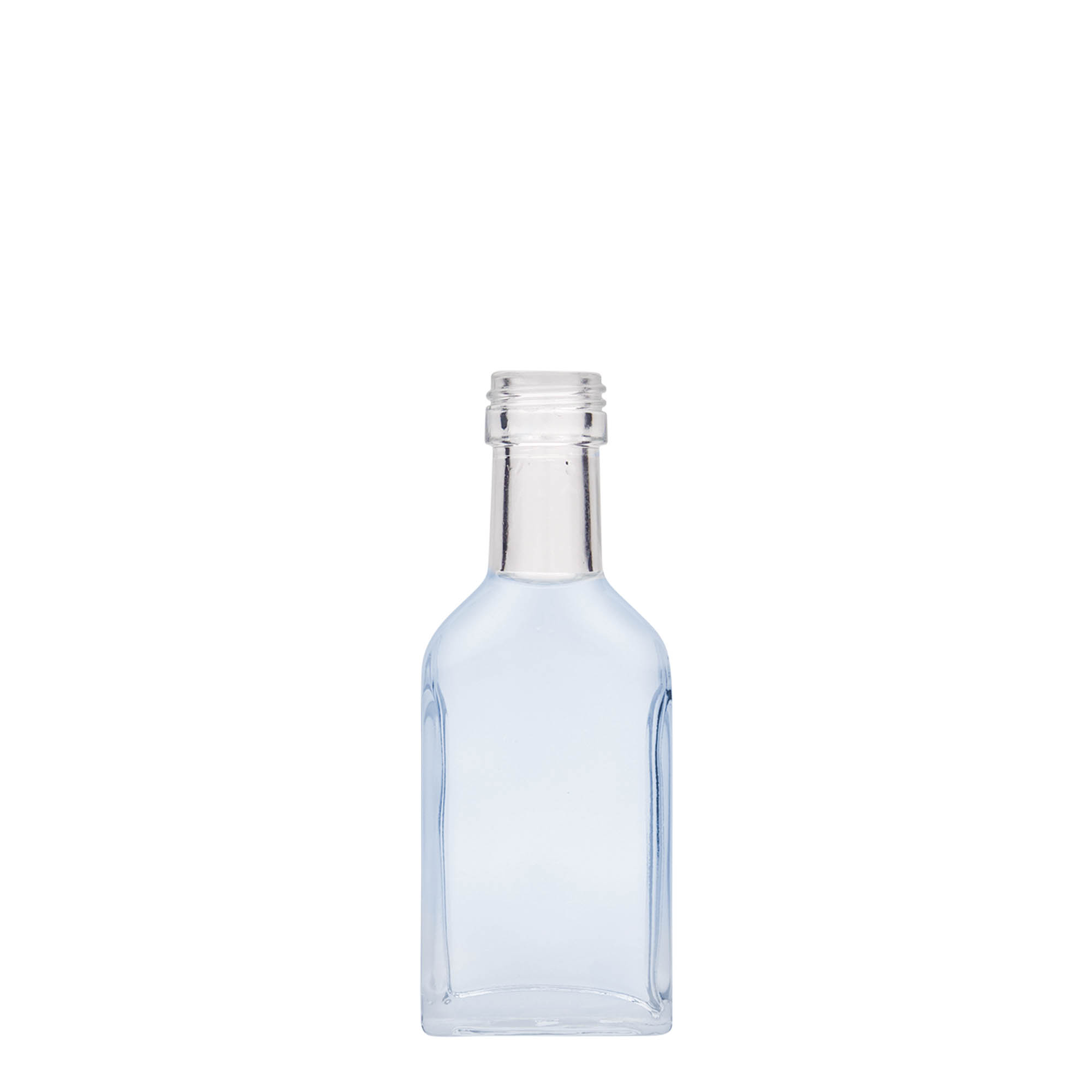 40 ml kapesní lahvička s dlouhým hrdlem, obdélníková, sklo, hrdlo: PP 22