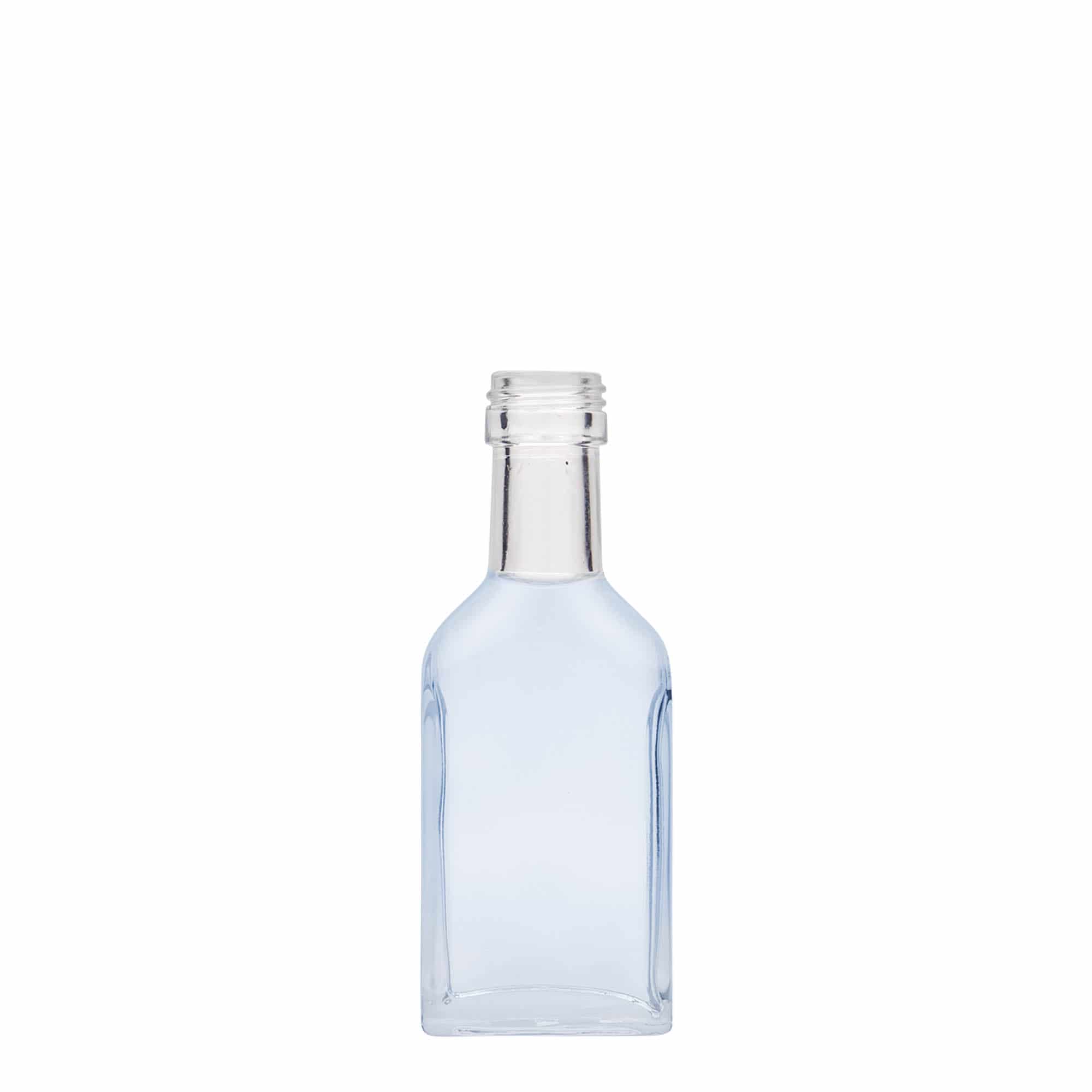 40 ml kapesní lahvička s dlouhým hrdlem, obdélníková, sklo, hrdlo: PP 22