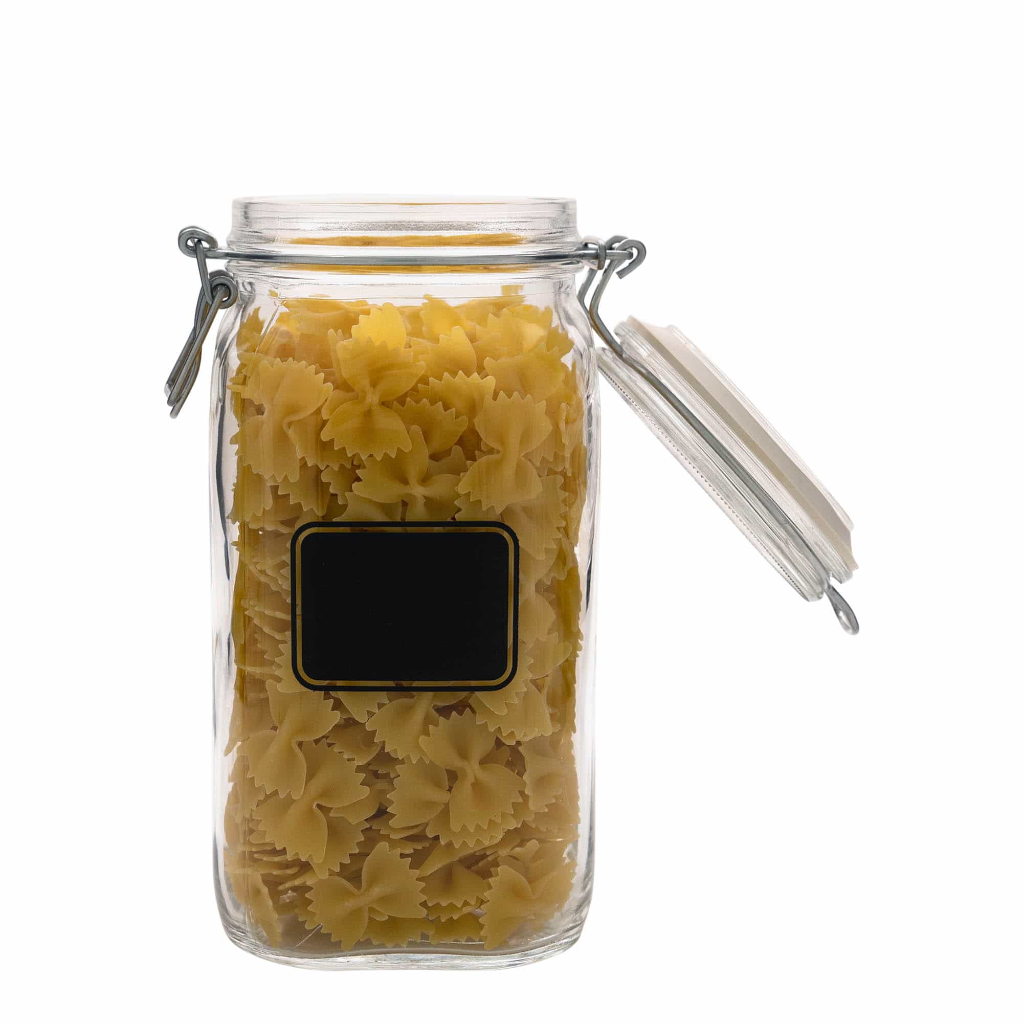 1.500 ml drátěná zavařovací sklenice „Fido“, motiv: štítek, čtvercová, hrdlo: drátěné zavírání