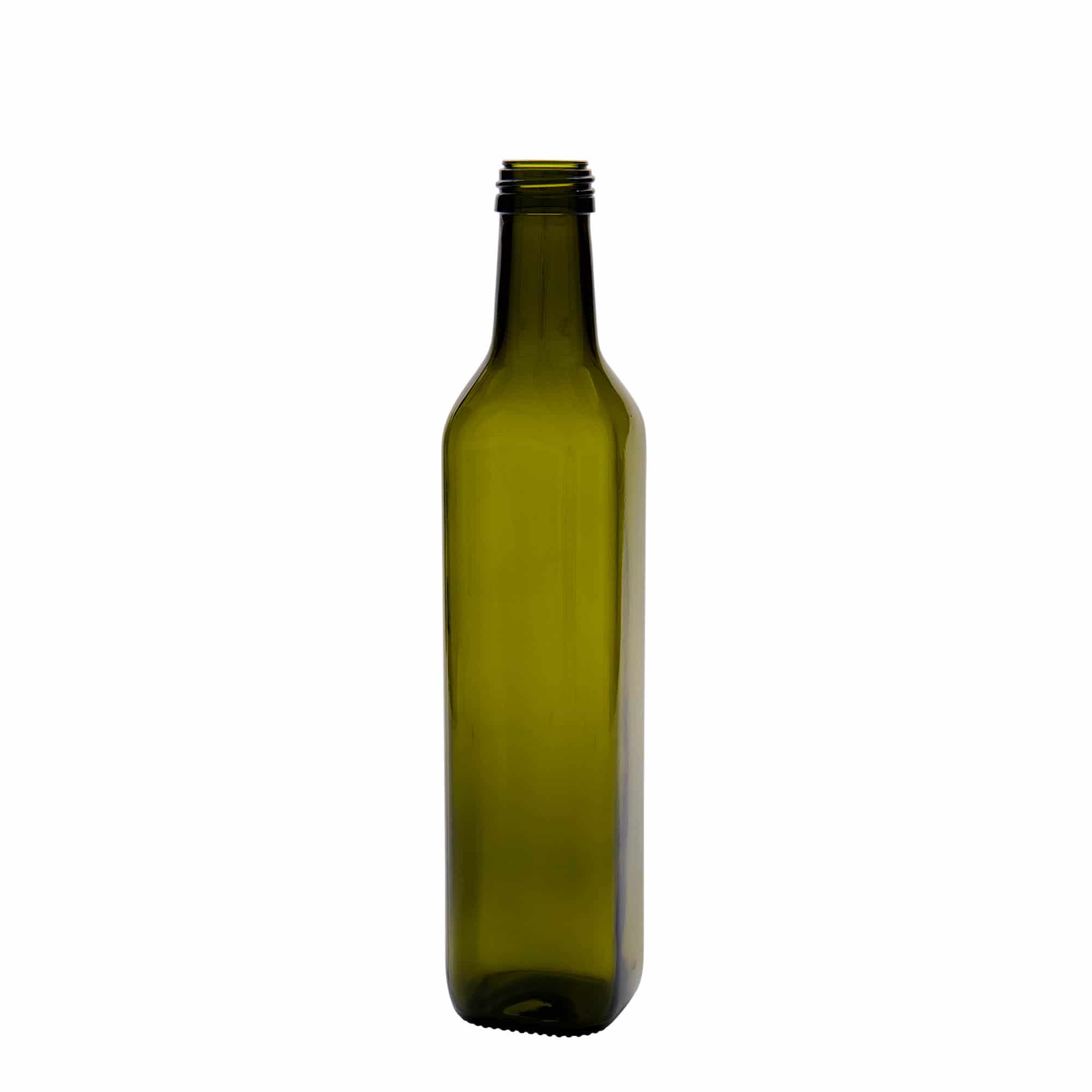 500 ml skleněná láhev „Marasca“, čtvercová, antik zelená, hrdlo: PP 31,5