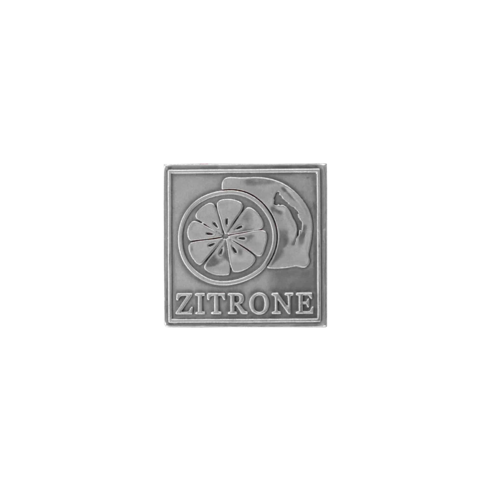 Cínová etiketa „Citron“, čtvercová, kovová, stříbrná