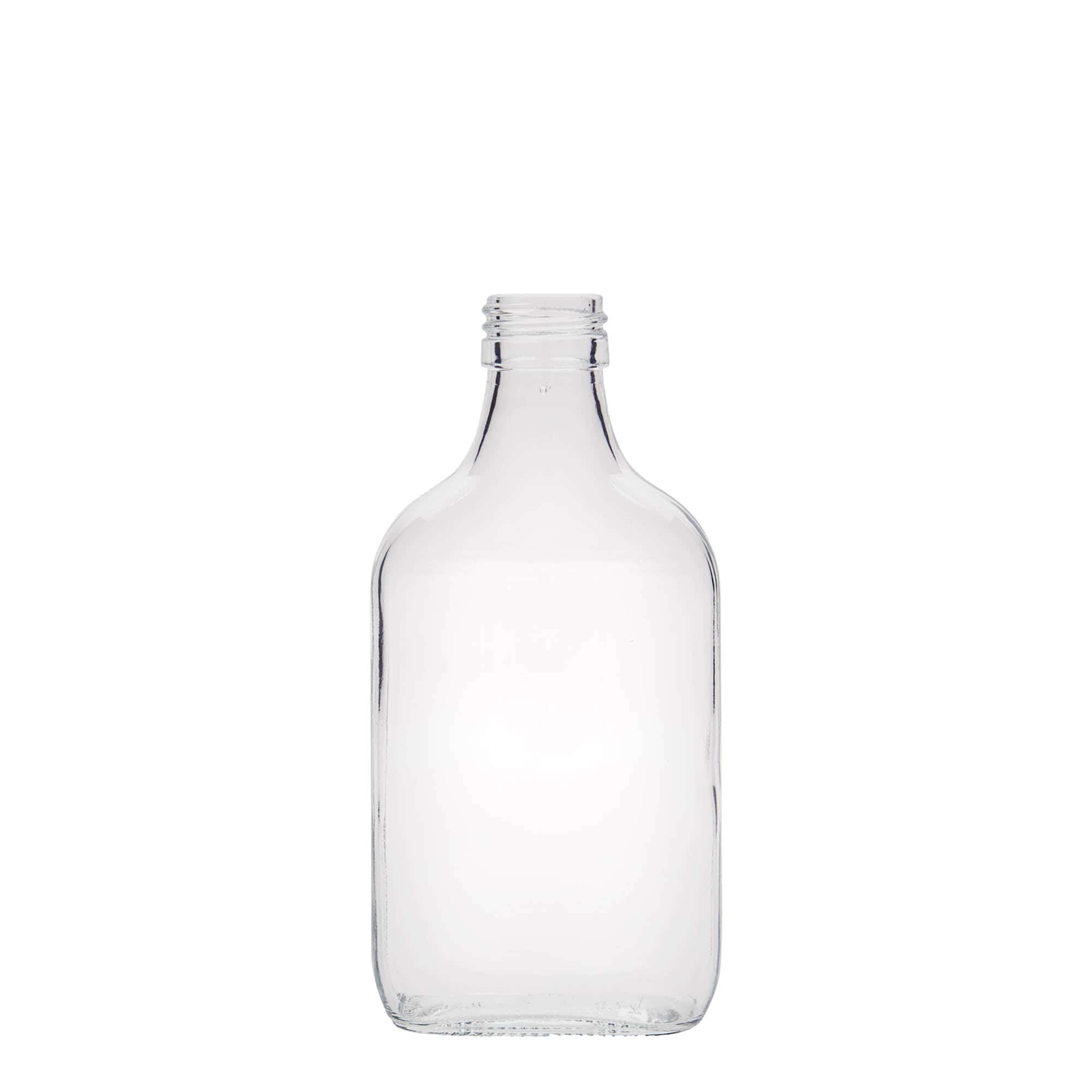Kapesní lahev 200 ml, hranatá, sklo, ústí: PP 28 Kapesní lahev 200 ml, hranatá, sklo, ústí: PP 28
