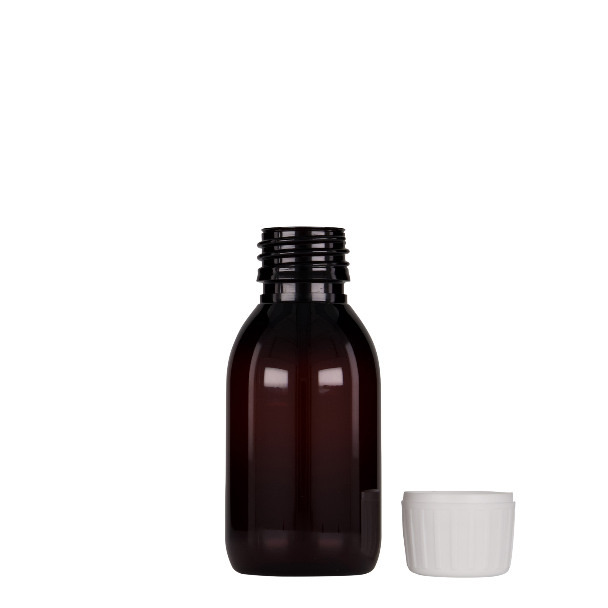 100 ml PET-lékovka, hnědá, plast, hrdlo: PP 28