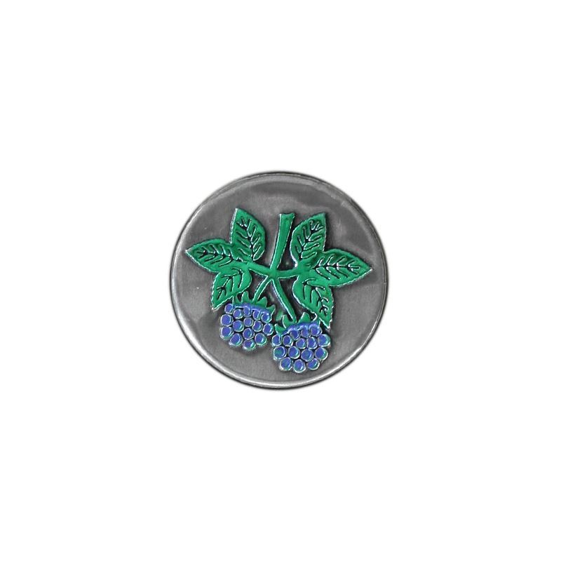 Cínová etiketa „Ostružina“, kulatá, kov, stříbrná Cínová etiketa „Ostružina“, kulatá, kov, stříbrná