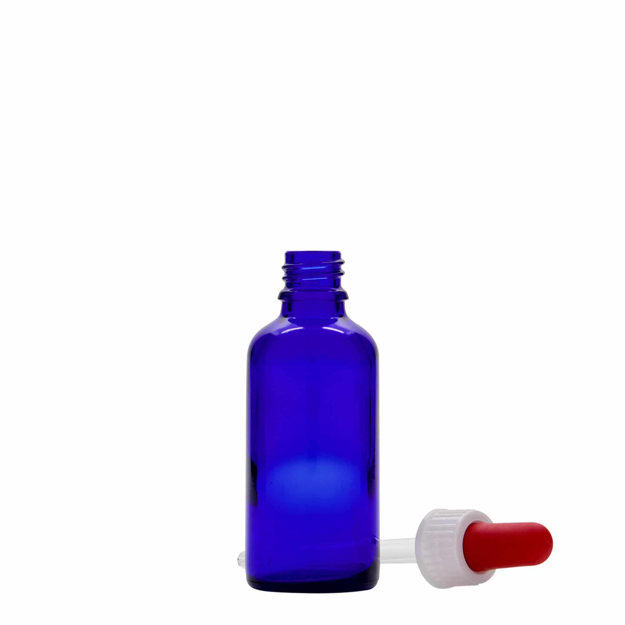 50 ml kapátková lahvička lékařská, sklo, královská modrá-červená, hrdlo: DIN 18