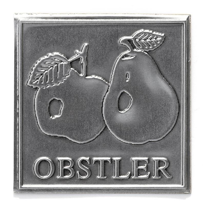 Cínová etiketa 'Obstler', čtvercová, kovová, stříbrná