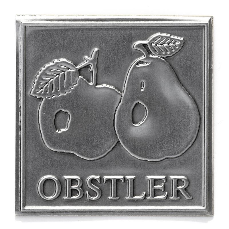 Cínová etiketa 'Obstler', čtvercová, kovová, stříbrná Cínová etiketa 'Obstler', čtvercová, kovová, stříbrná