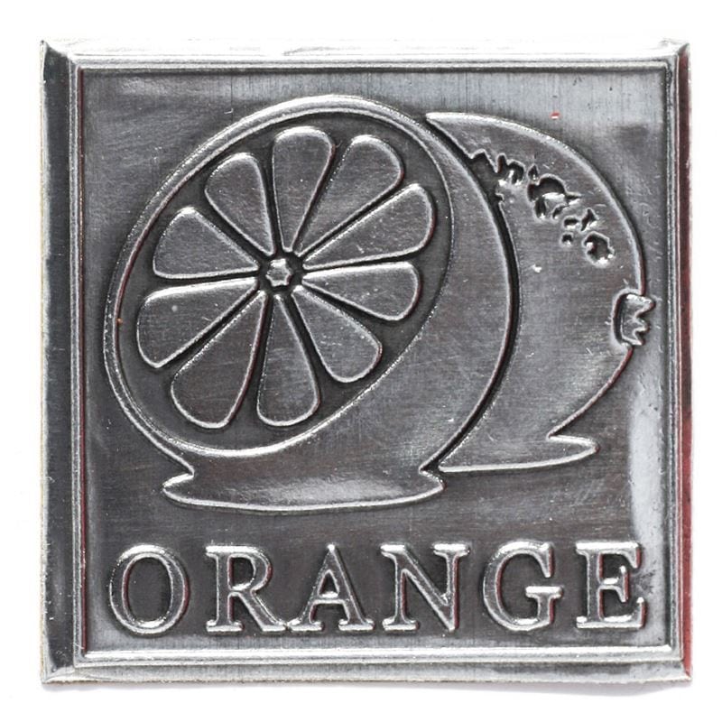 Cínová etiketa 'Orange', čtvercová, kovová, stříbrná
