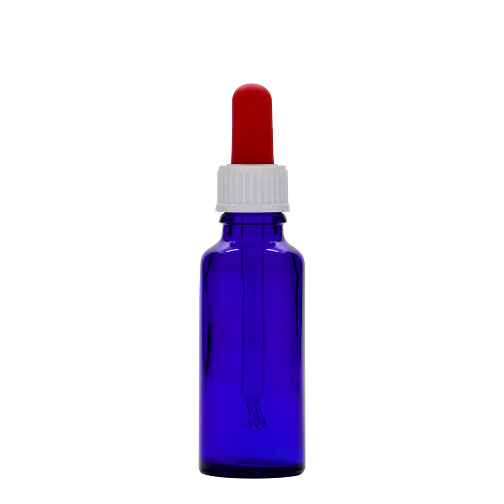 30 ml lahvička s kapátkem, lékařská, sklo, královská modrá-červená, hrdlo: DIN 18