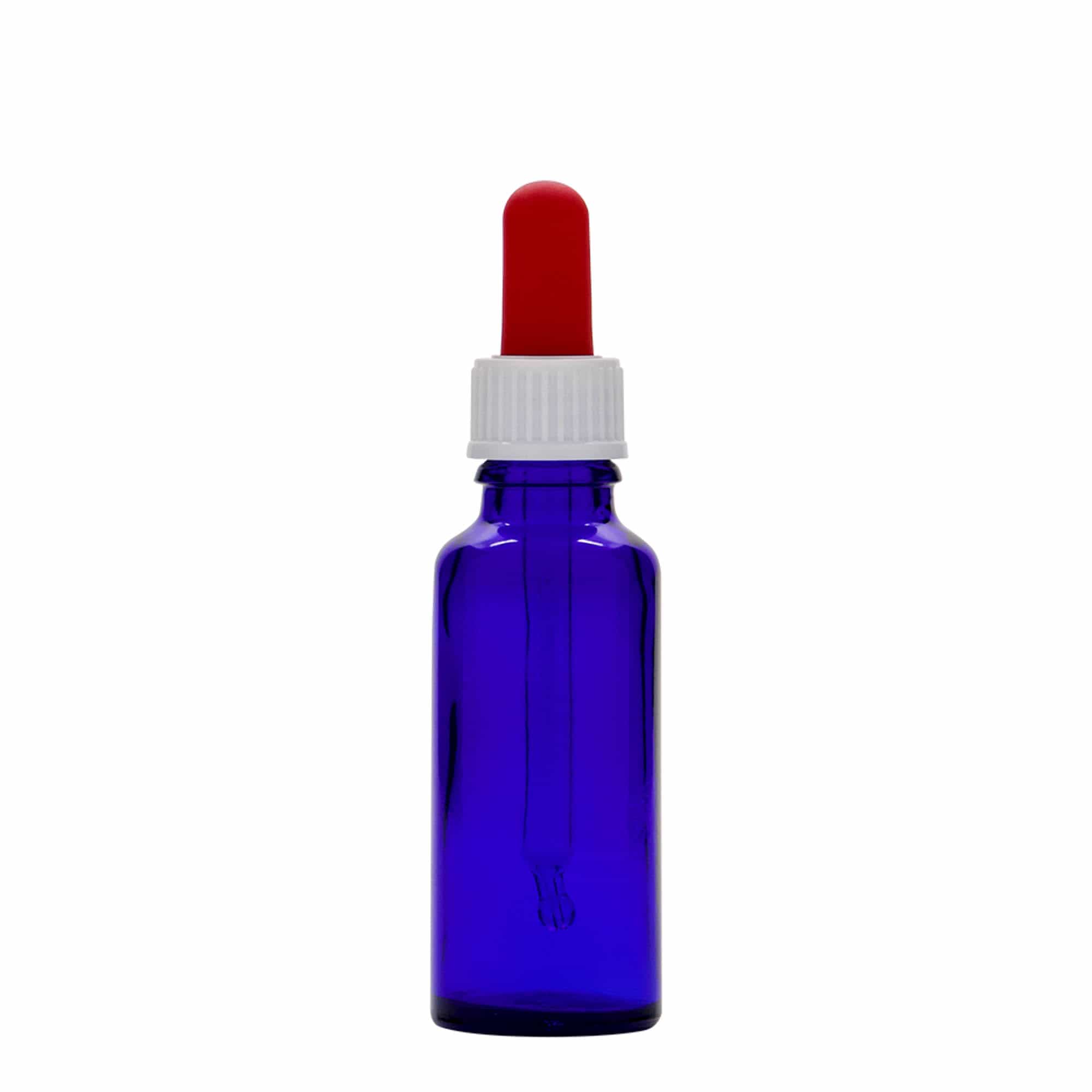 30 ml lahvička s kapátkem, lékařská, sklo, královská modrá-červená, hrdlo: DIN 18