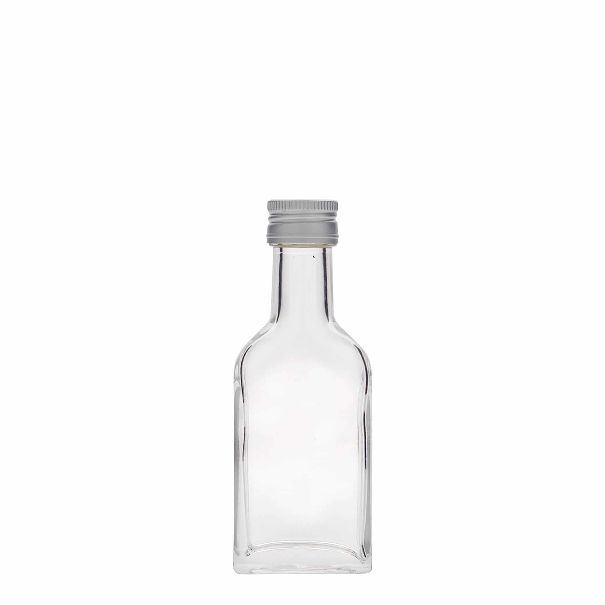 40 ml kapesní lahvička s dlouhým hrdlem, obdélníková, sklo, hrdlo: PP 22