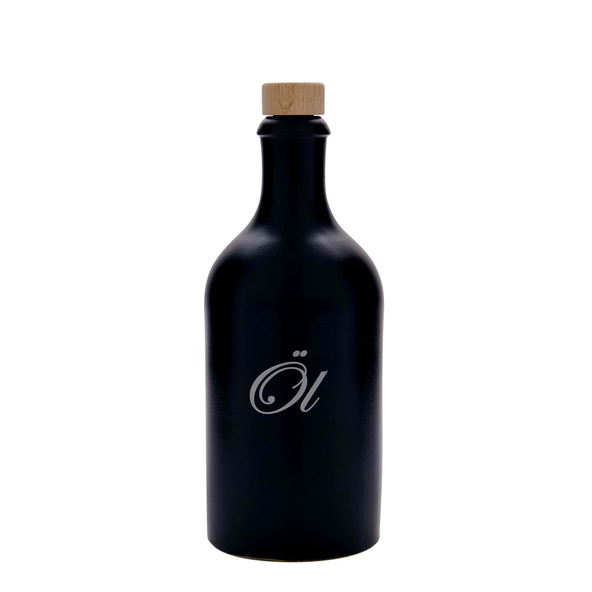 Hliněný džbán 500 ml, motiv: Olej, keramika, černý, uzávěr: korek