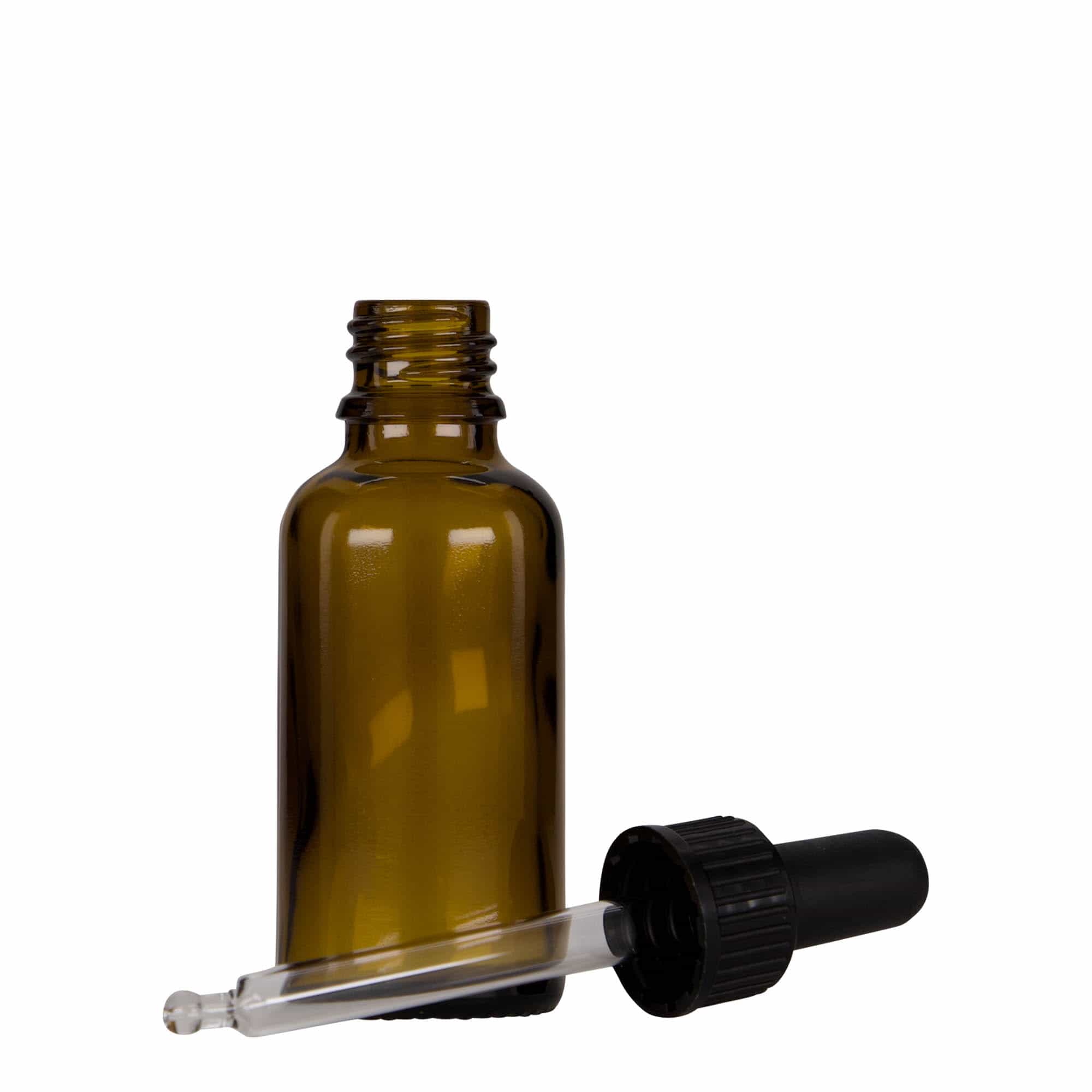 30 ml kapátková lahvička lékařská, sklo, hnědo-černá, hrdlo: DIN 18