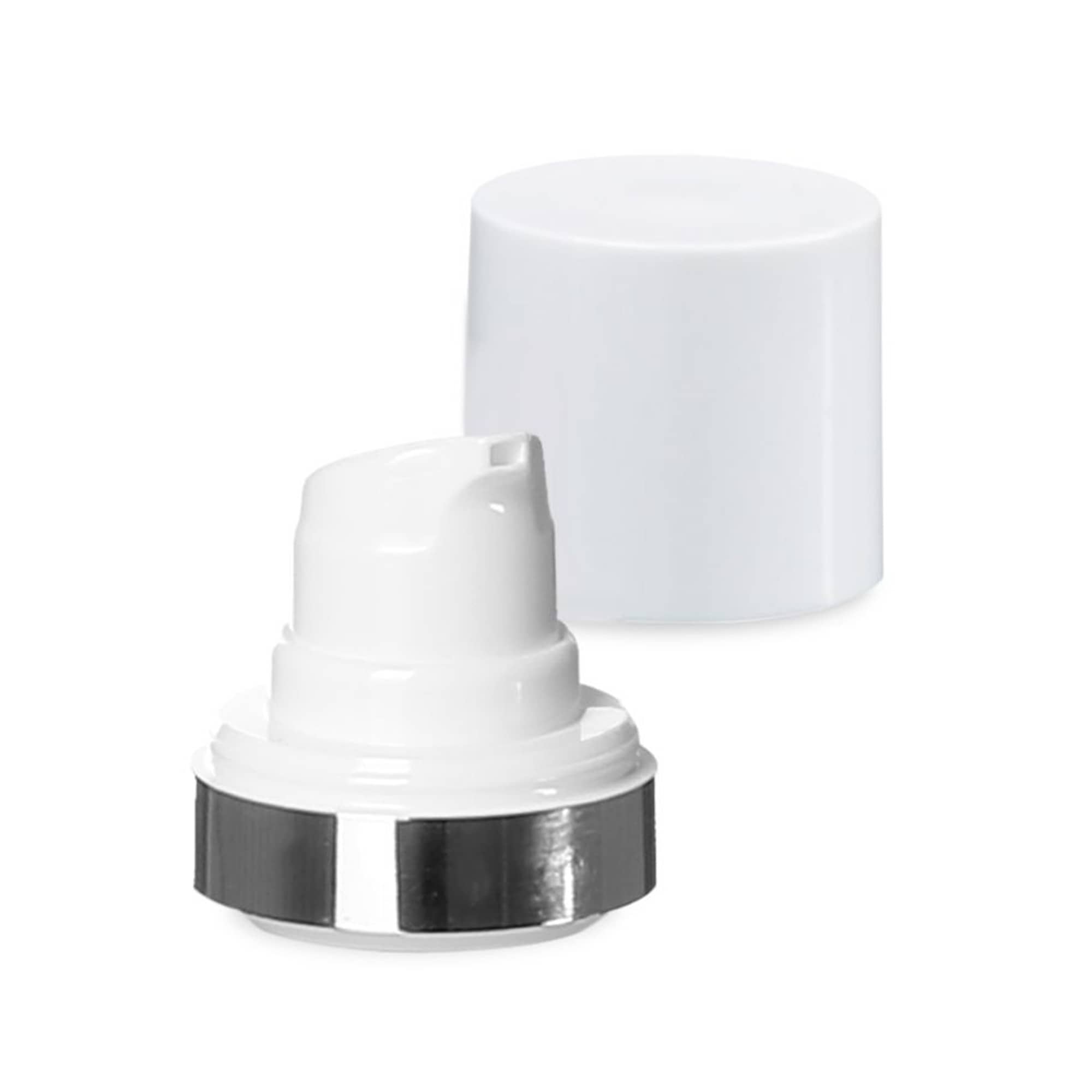 Airless hlava Micro stříbrný okraj + bílá, lesklá nasazovací krytka Airless hlava Micro stříbrný okraj + bílá, lesklá nasazovací krytka