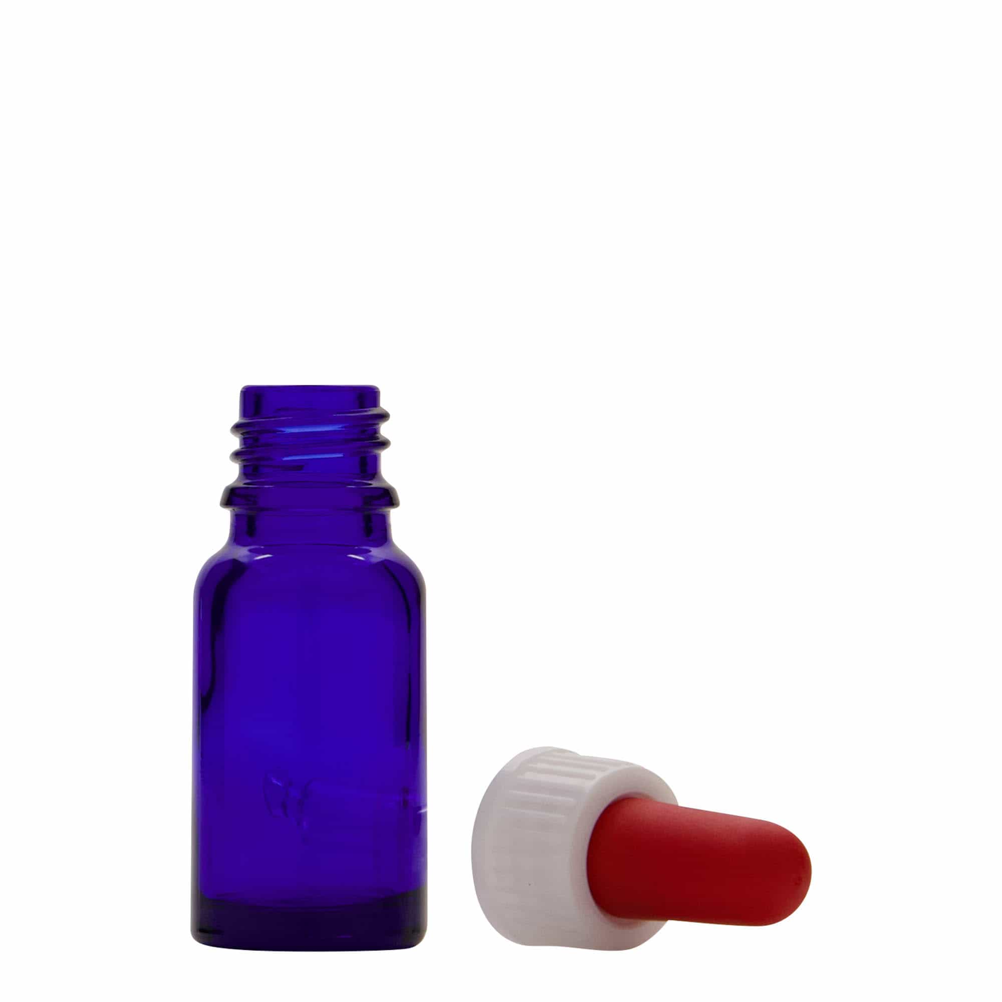 10 ml kapátková lahvička lékařská, sklo, královská modrá-červená, hrdlo: DIN 18