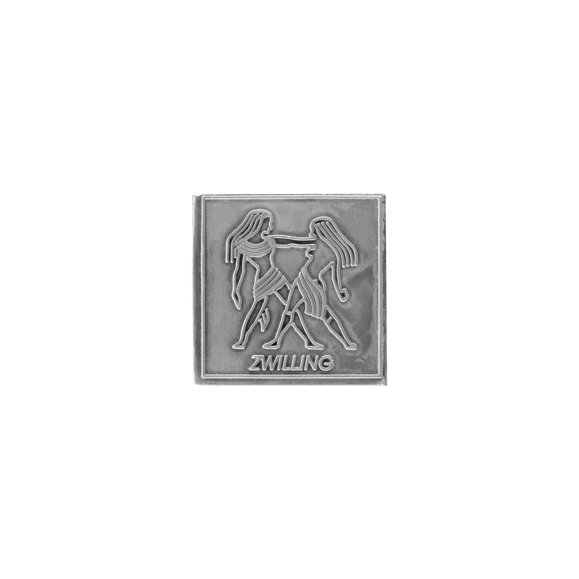 Cínová etiketa 'Zwilling', čtvercová, kovová, stříbrná Cínová etiketa 'Zwilling', čtvercová, kovová, stříbrná