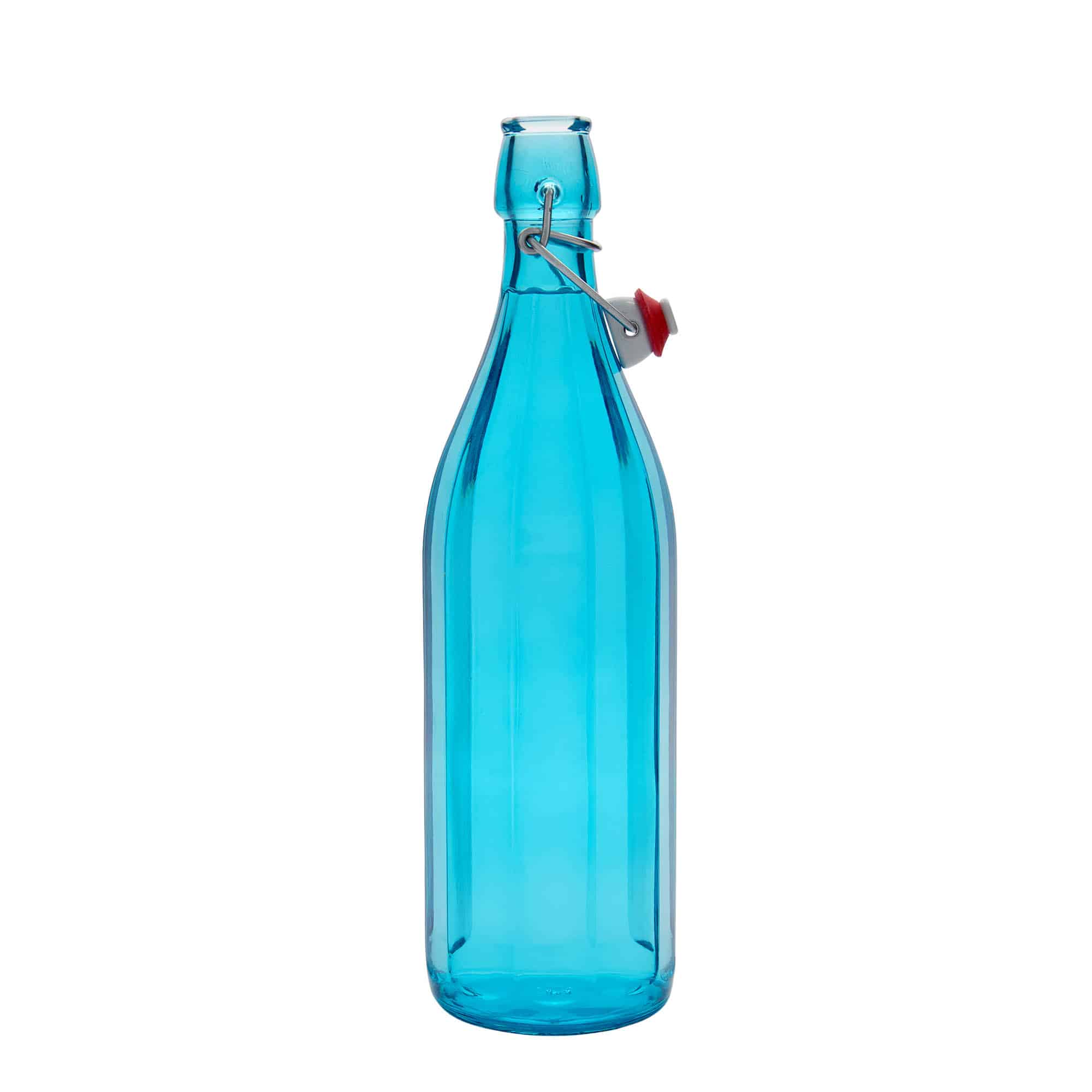 Skleněná lahev 1000 ml 'Oxford', desetiúhelníková, azurově modrá, uzávěr: třmenový uzávěr