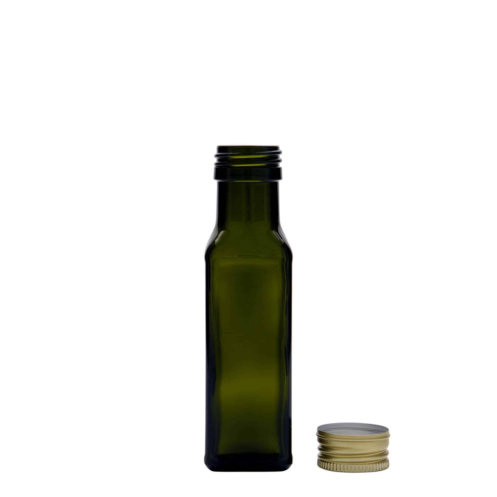 100 ml skleněná lahvička 'Marasca', čtvercová, antik zelená, hrdlo: PP 31,5