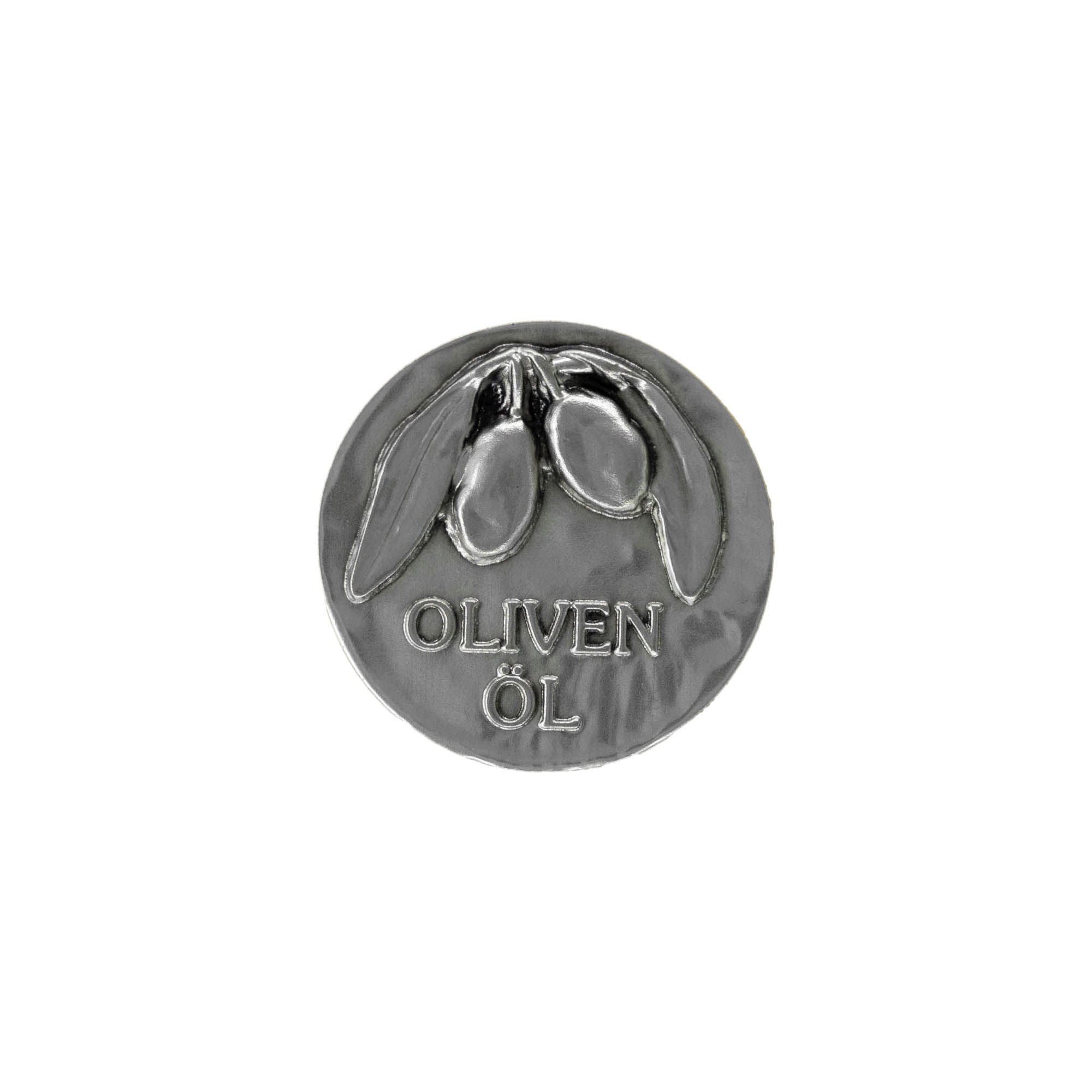 Cínová etiketa „Olivový olej“, kov, stříbrná Cínová etiketa „Olivový olej“, kov, stříbrná