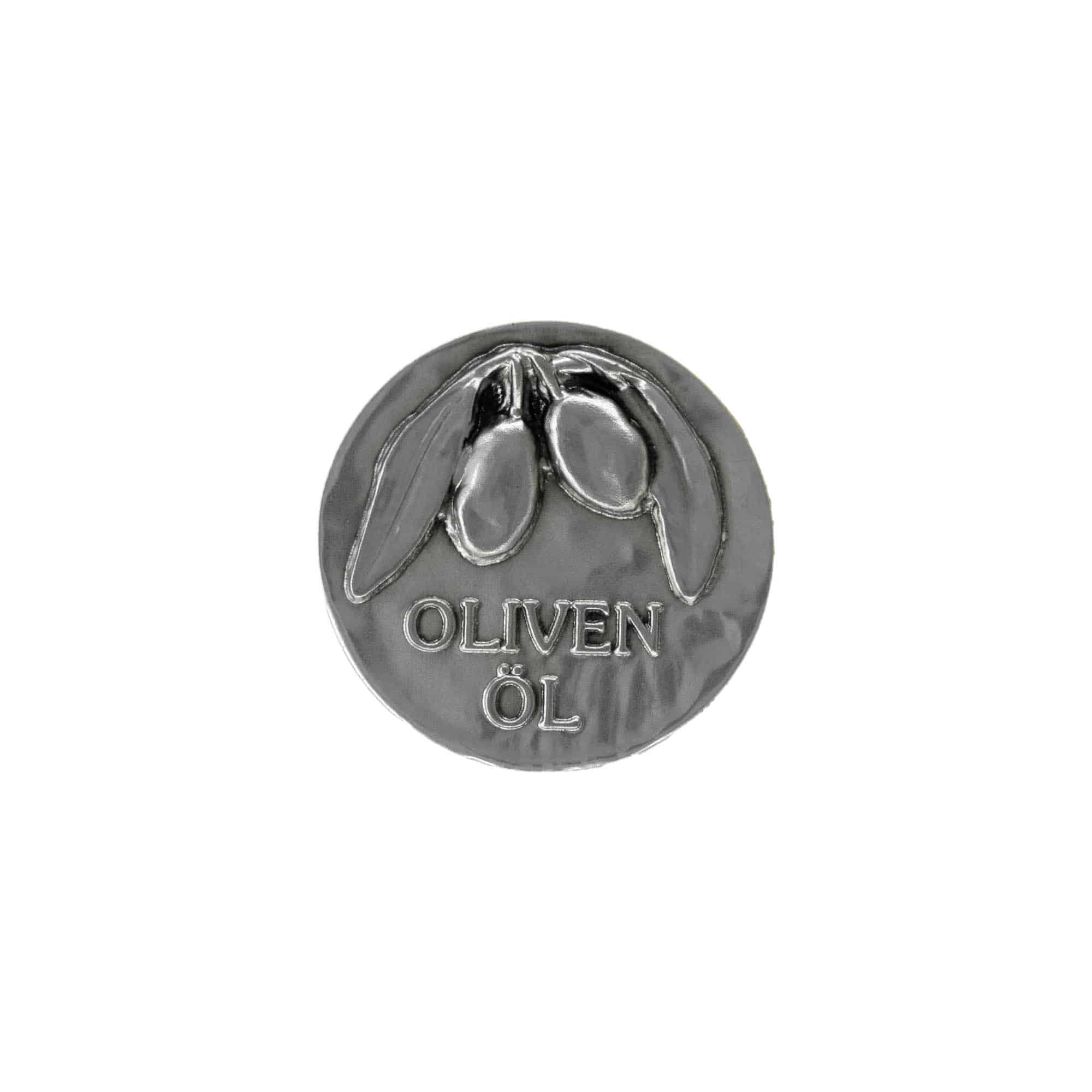 Cínová etiketa „Olivový olej“, kov, stříbrná