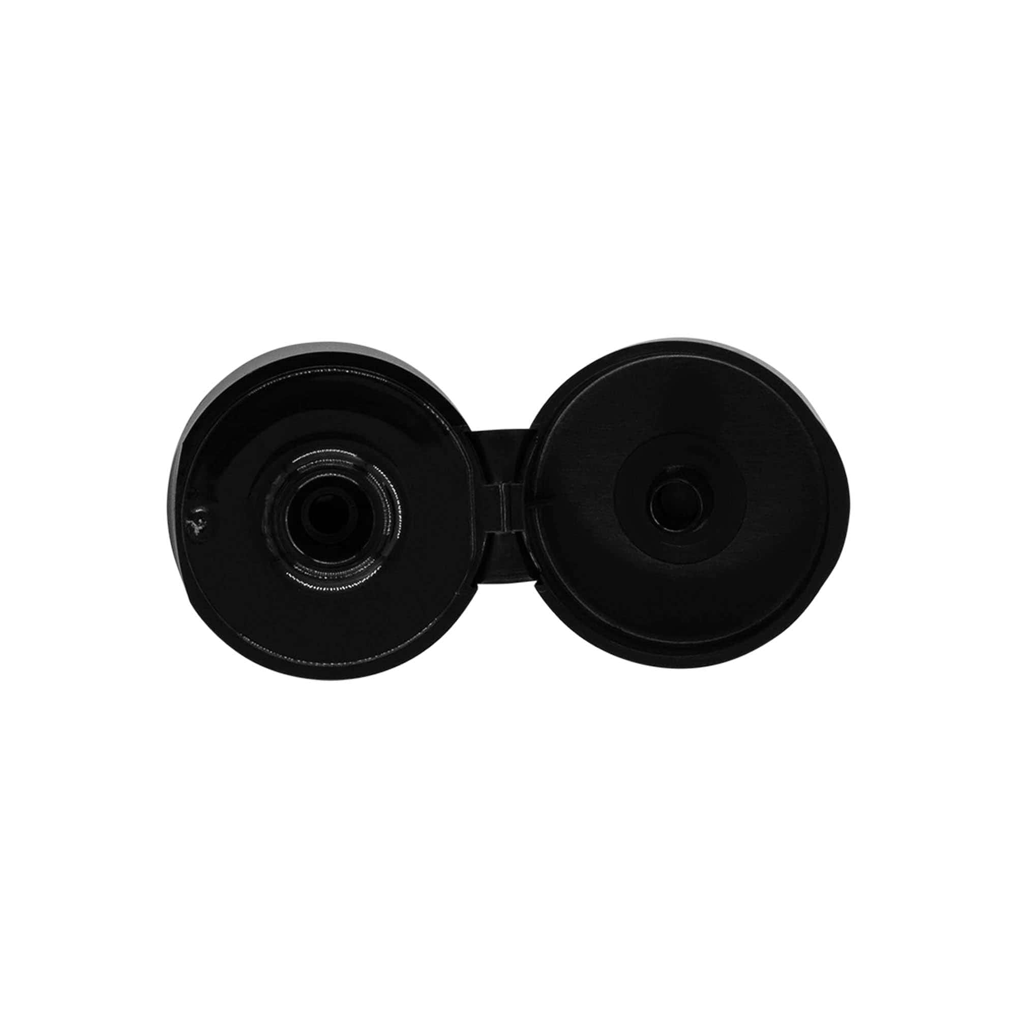 Závitové víčko s kloubovým pantem, plast PP, černé, pro hrdlo: 24/410 Závitové víčko s kloubovým pantem, plast PP, černé, pro hrdlo: 24/410