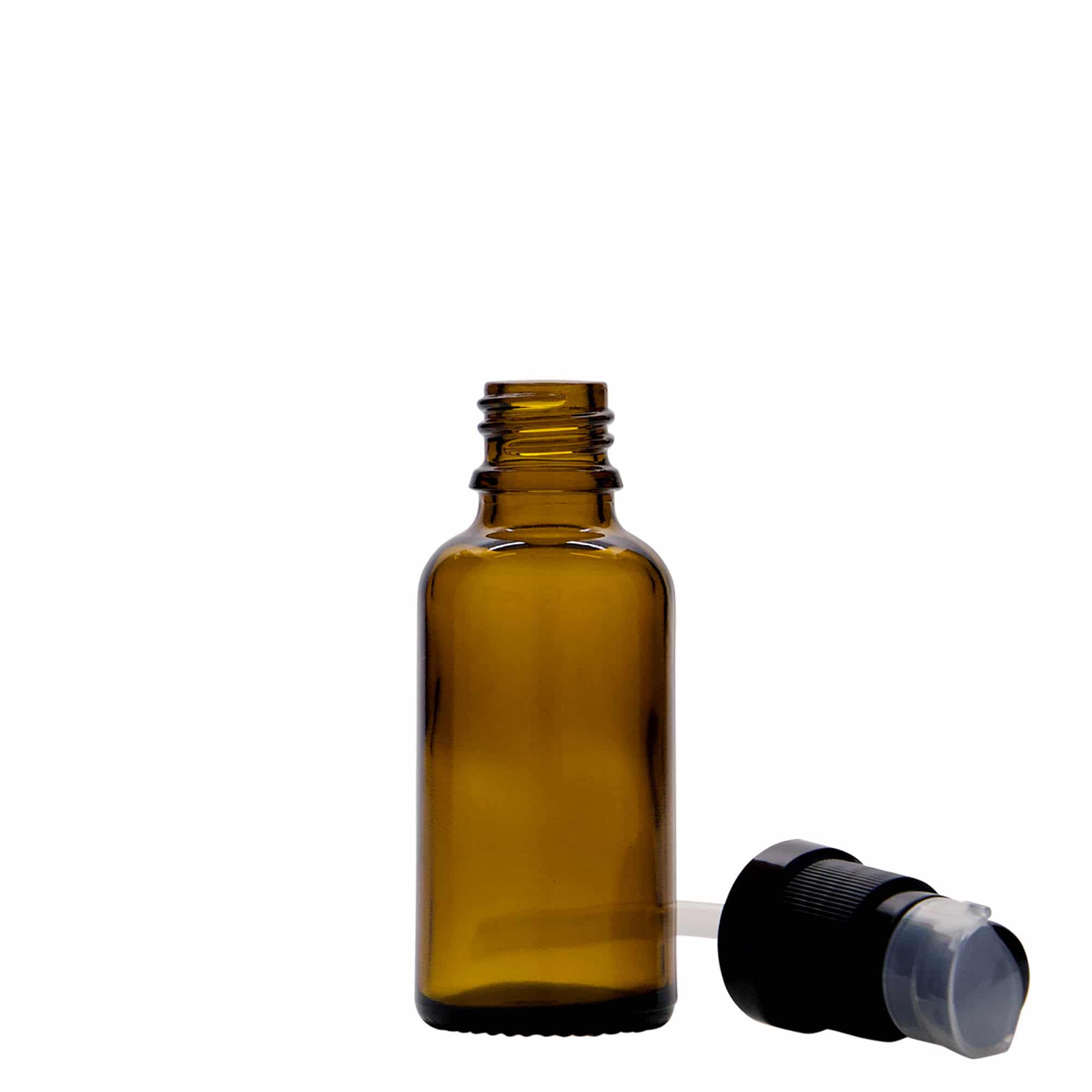 Lékovka s pumpičkou 30 ml, sklo, hnědá, ústí: DIN 18