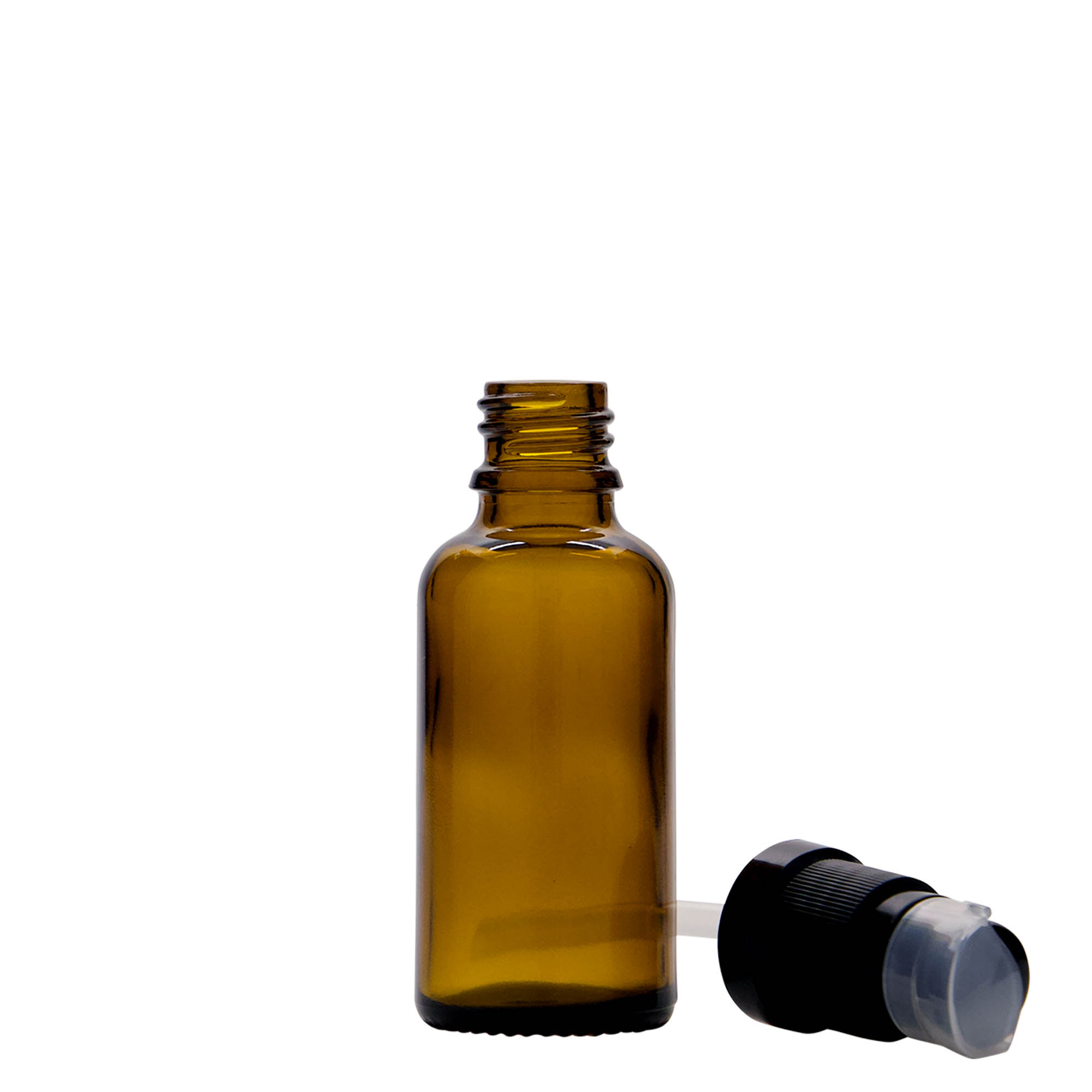 30 ml lékovka s dávkovačem na lotion, sklo, hnědá, hrdlo: DIN 18