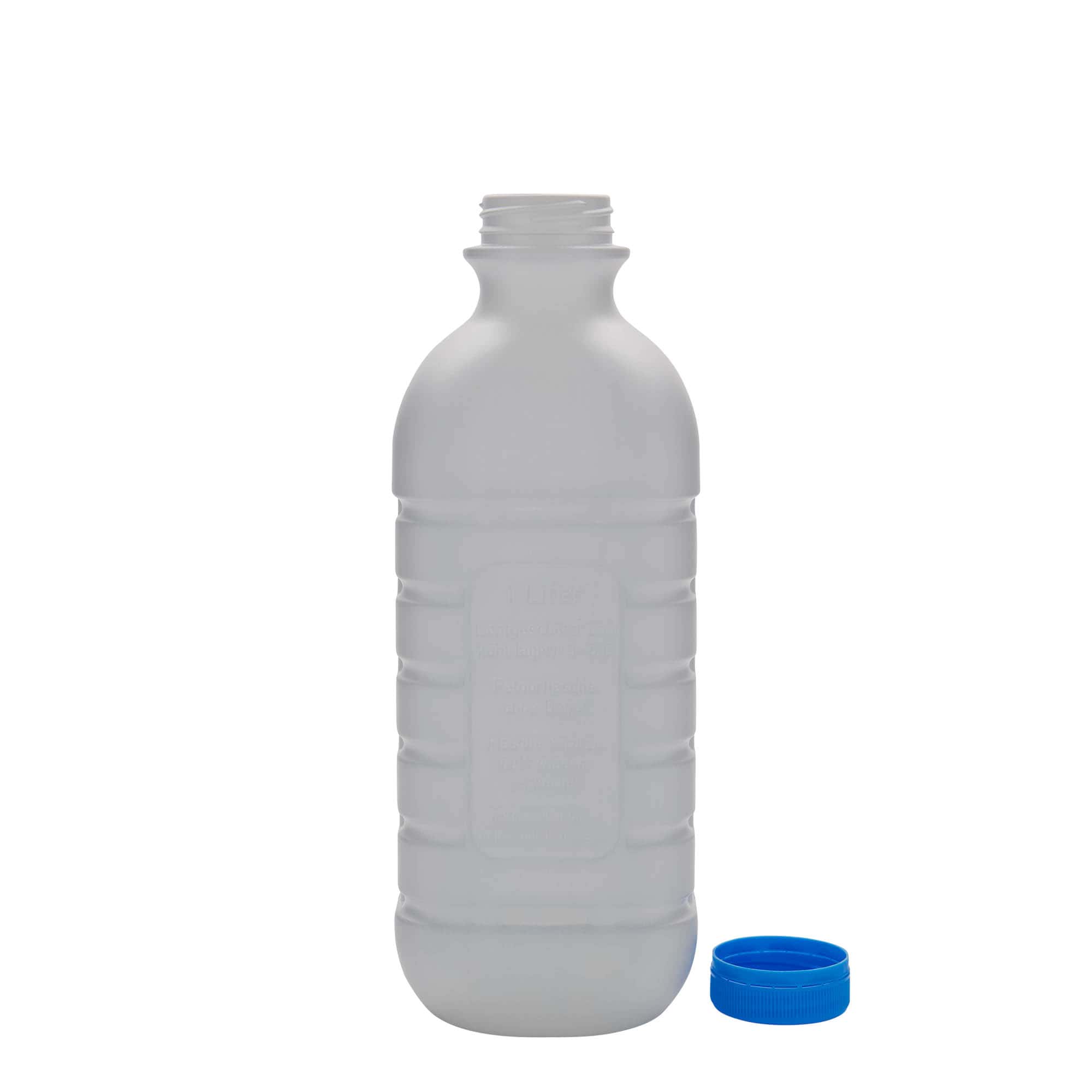 1.000 ml mléčná láhev, obdélníková, HDPE plast, bílá, hrdlo: PEHD40