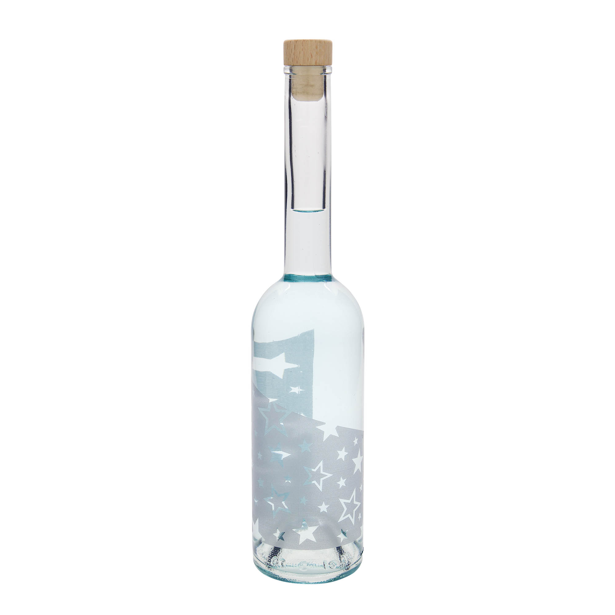 500 ml skleněná láhev 'Opera', motiv: stříbrné hvězdy, hrdlo: korek