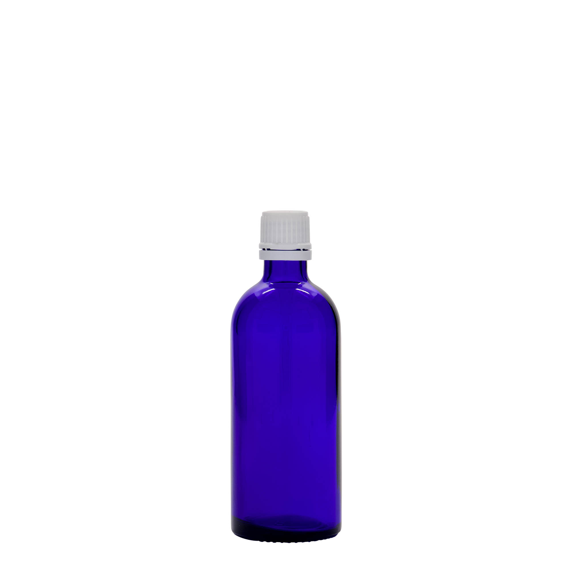 100 ml lékovka, sklo, královská modř, hrdlo: DIN 18