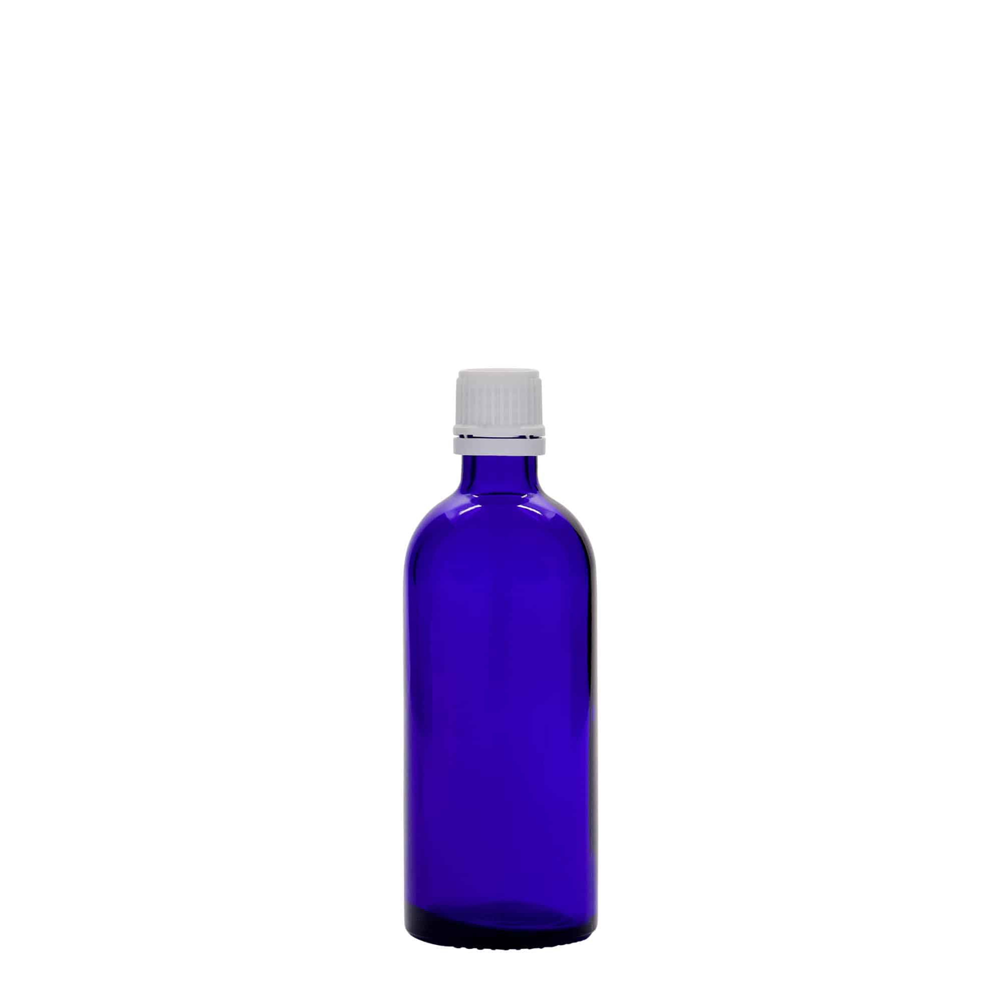 100 ml lékovka, sklo, královská modř, hrdlo: DIN 18