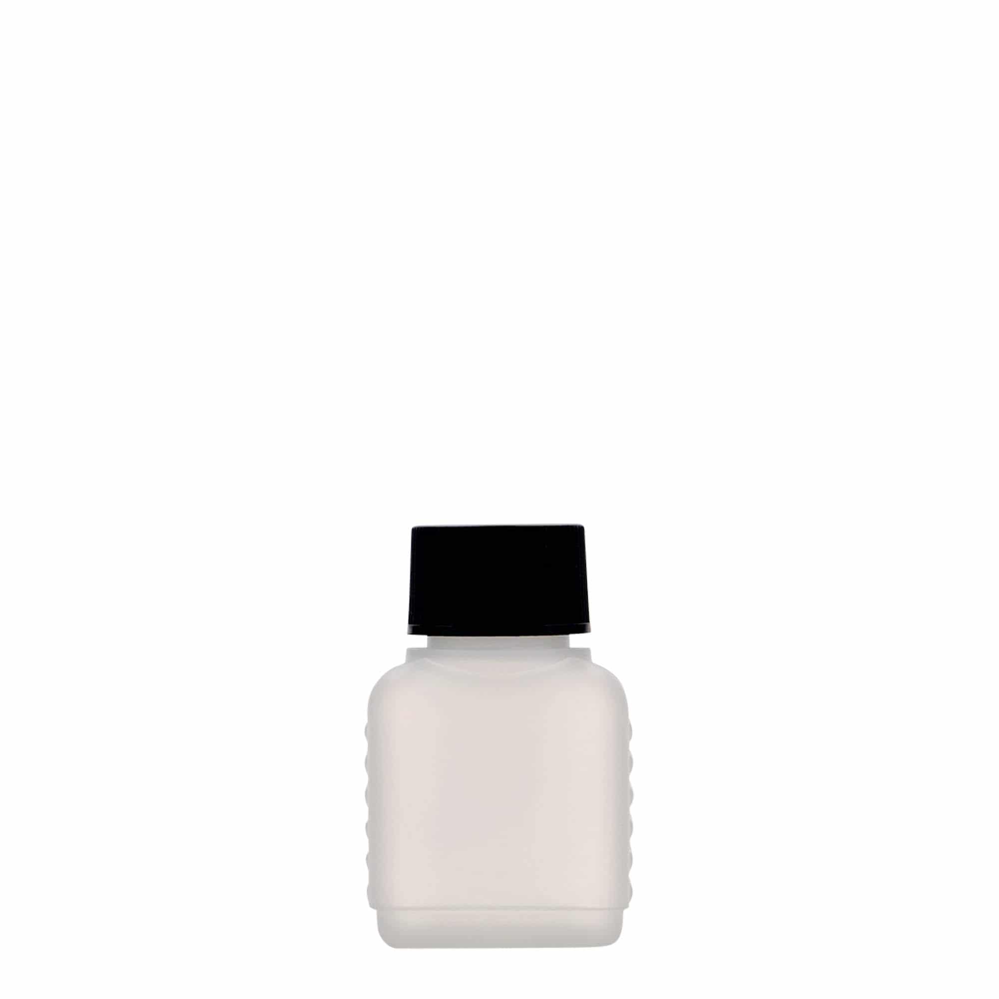 Kanystr 50 ml, hranatý, plast HDPE, přírodní, uzávěr: DIN 25