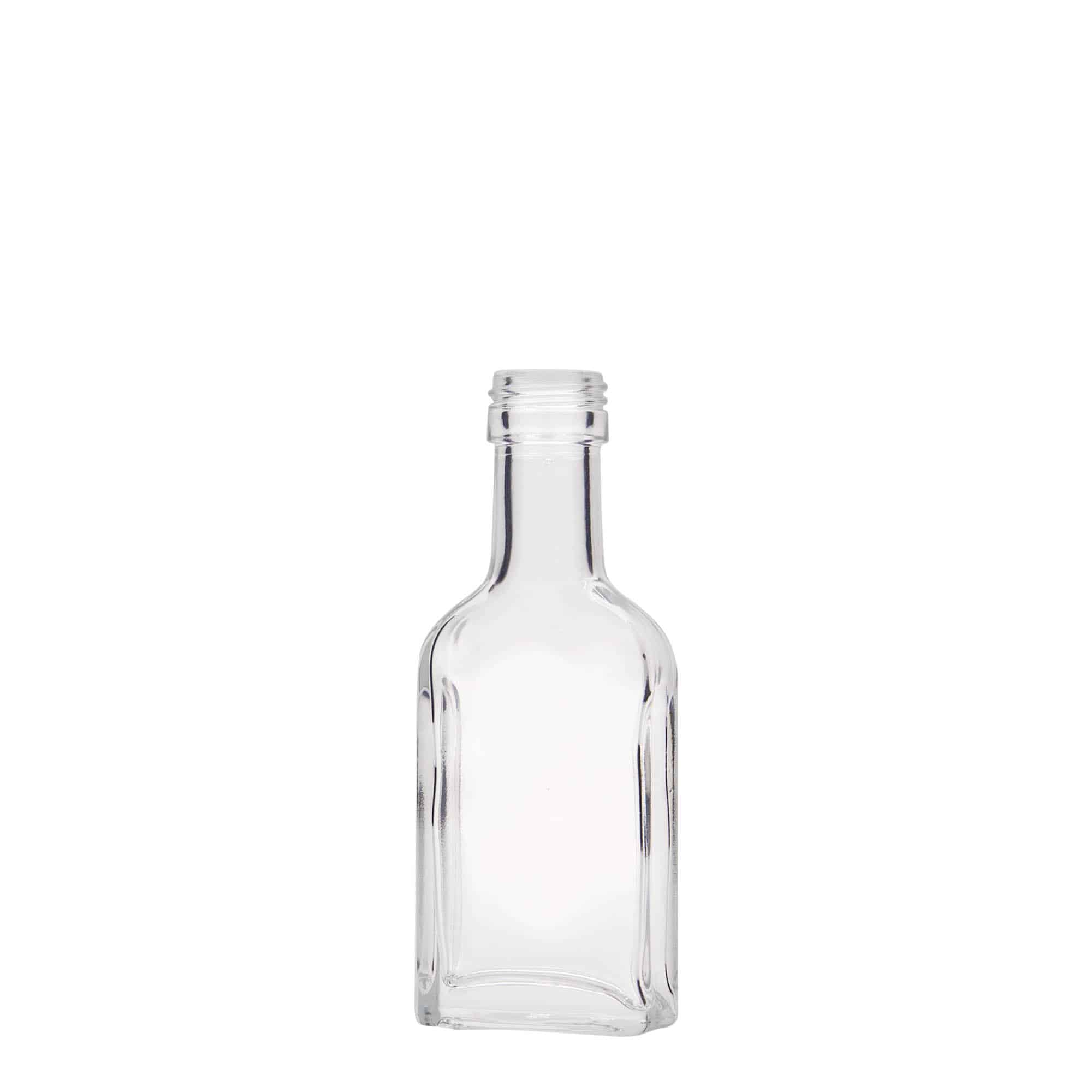Kapesní lahev s dlouhým hrdlem, 40 ml, hranatá, sklo, ústí: PP 22