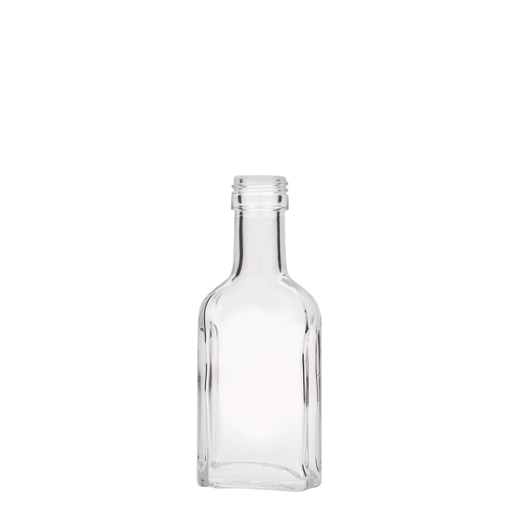 40 ml kapesní lahvička s dlouhým hrdlem, obdélníková, sklo, hrdlo: PP 22
