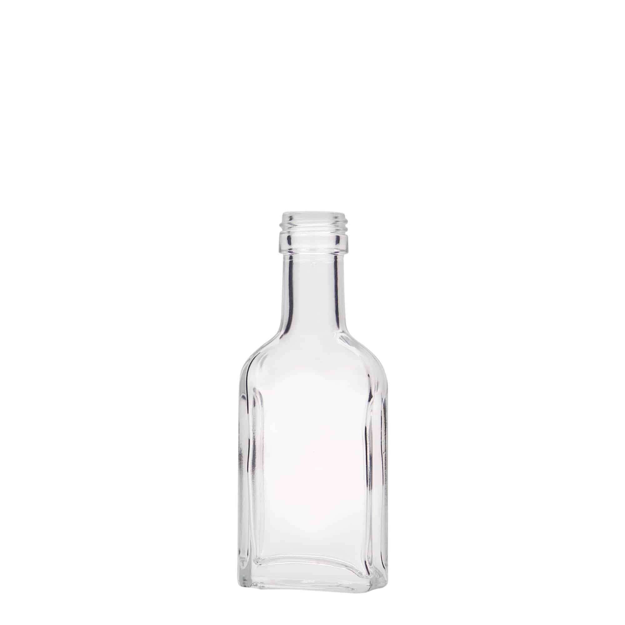 40 ml kapesní lahvička s dlouhým hrdlem, obdélníková, sklo, hrdlo: PP 22