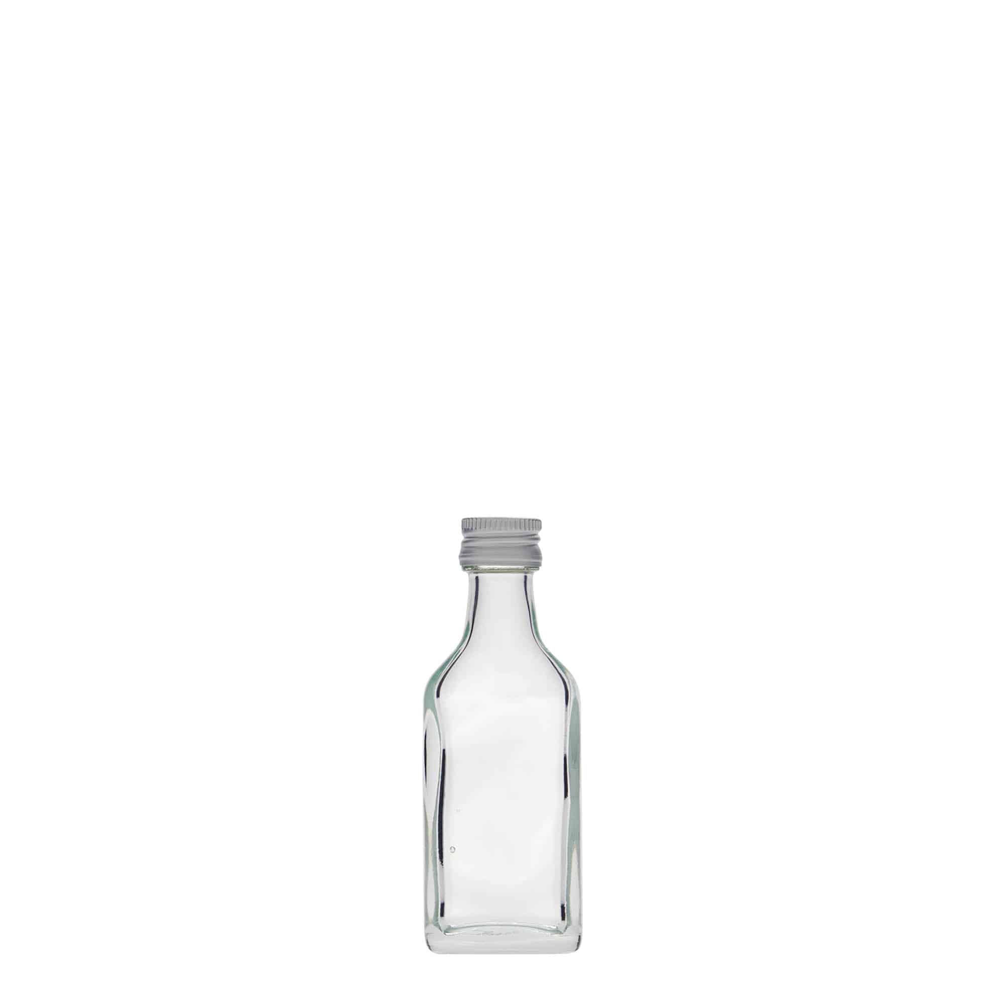Kapesní lahev 20 ml, hranatá, sklo, ústí: PP 18