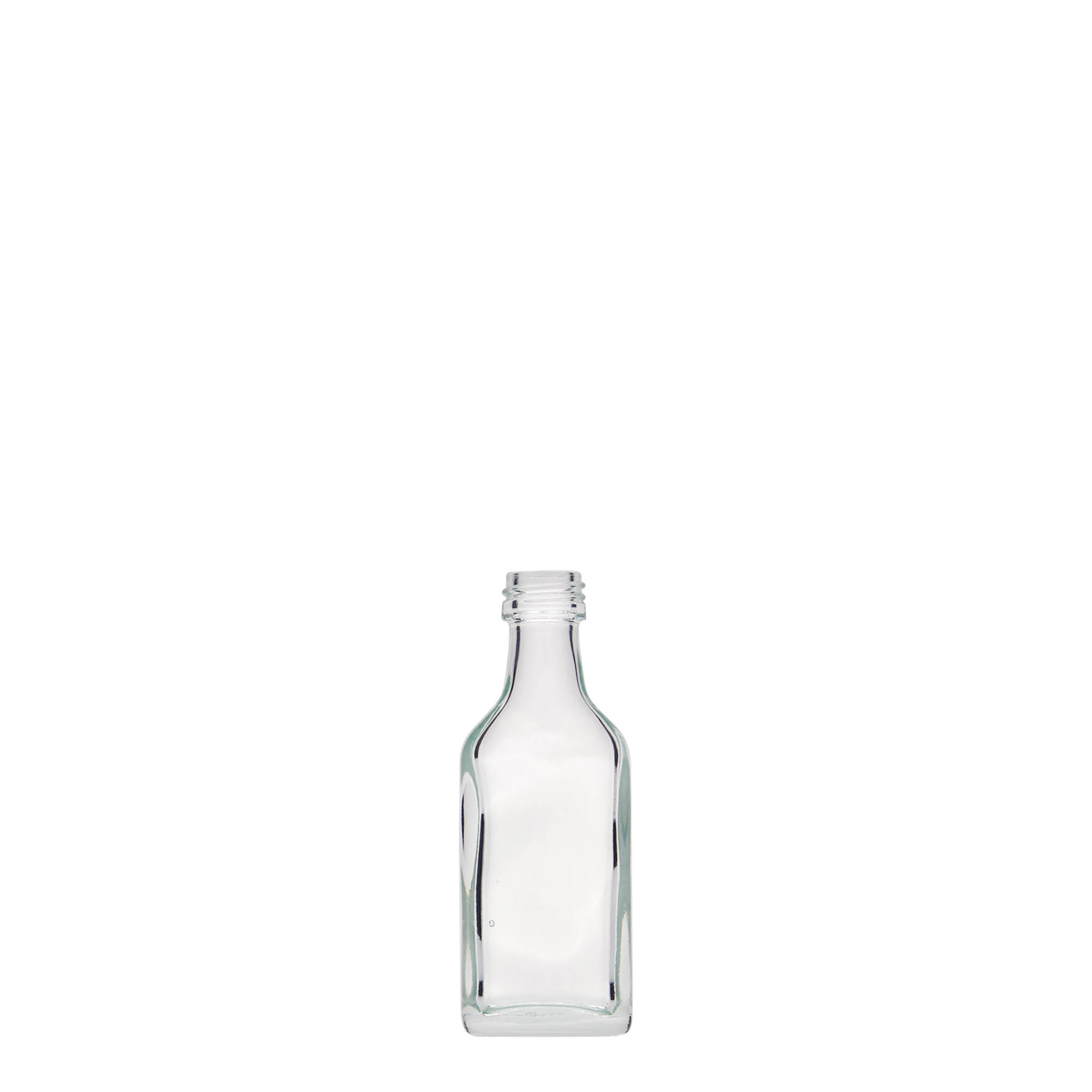 20 ml kapesní lahvička, obdélníková, sklo, hrdlo: PP 18
